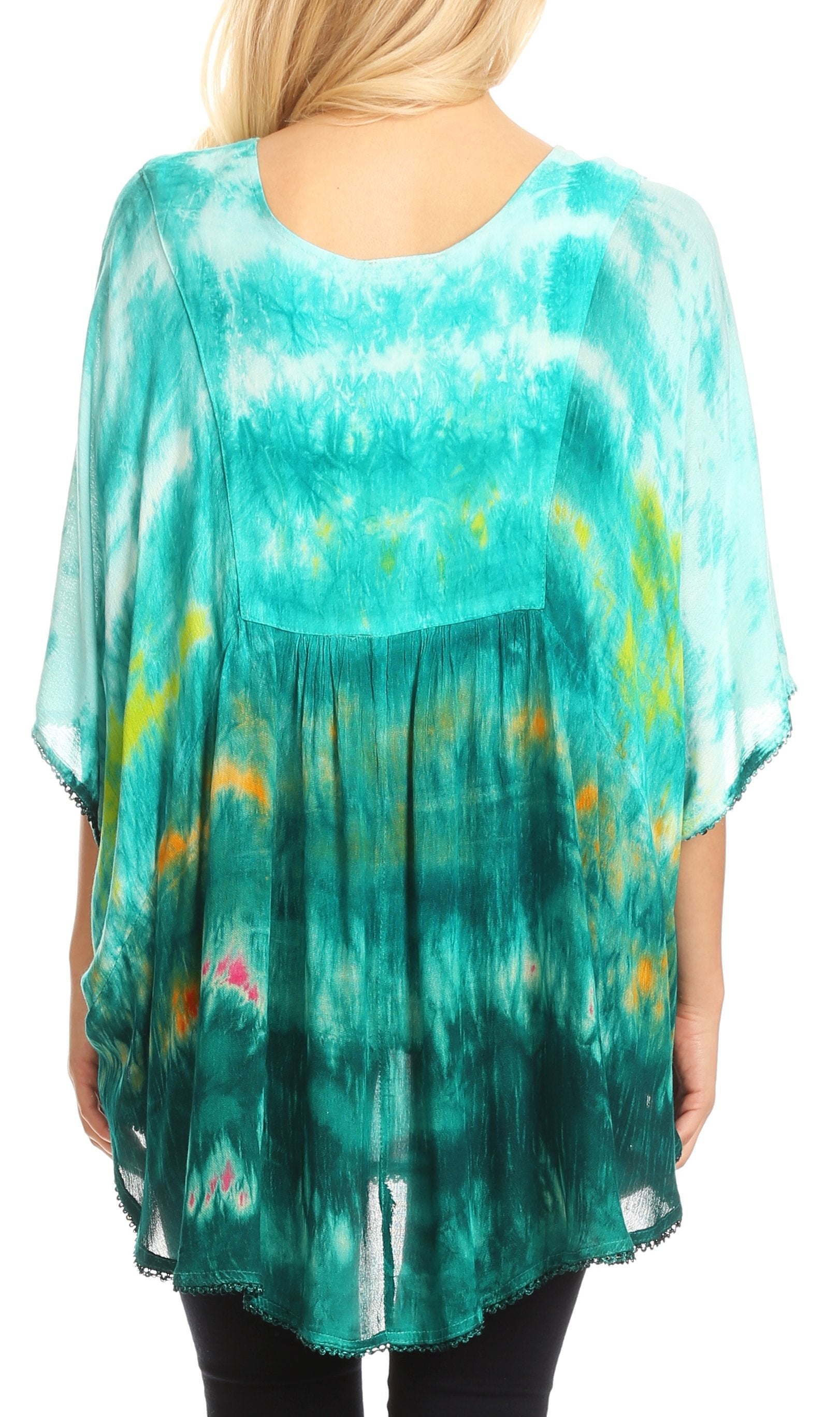 Sakkas Lepha Long Wide Multi Colored Tie Dye Sequin Embroidered Poncho Top Blouse - Concordia Style Boutique