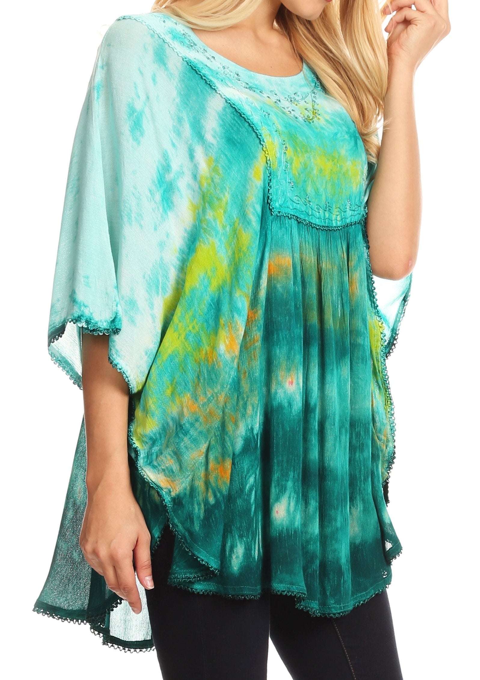 Sakkas Lepha Long Wide Multi Colored Tie Dye Sequin Embroidered Poncho Top Blouse - Concordia Style Boutique