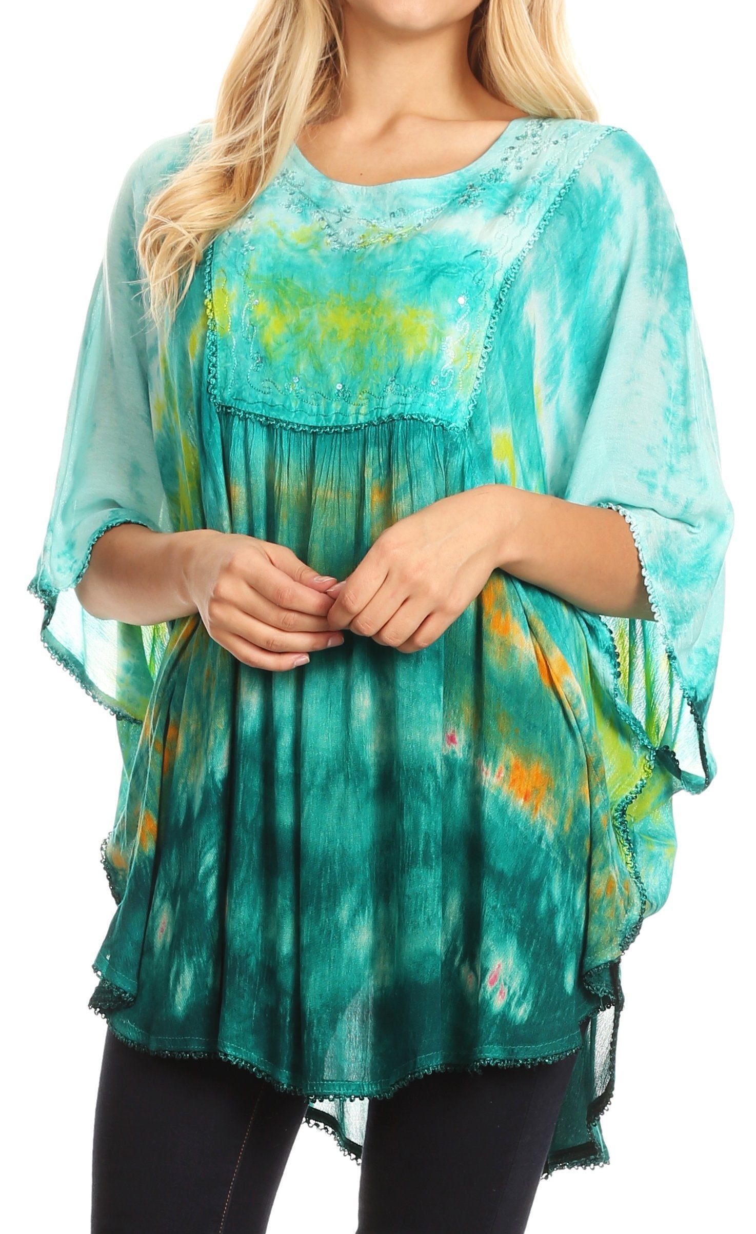 Sakkas Lepha Long Wide Multi Colored Tie Dye Sequin Embroidered Poncho Top Blouse - Concordia Style Boutique