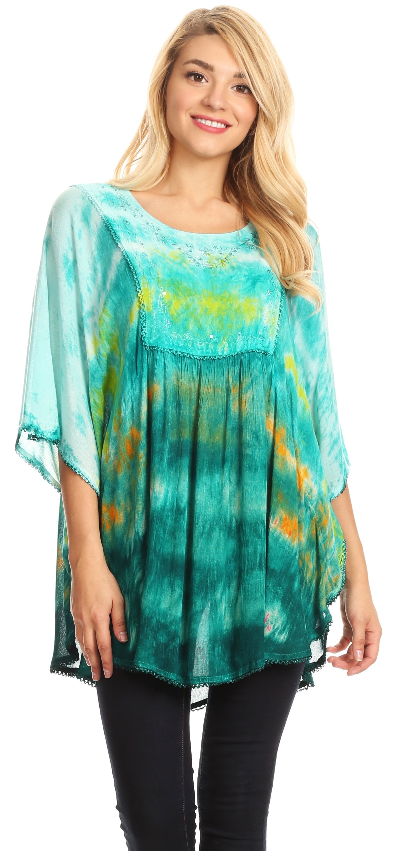 Sakkas Lepha Long Wide Multi Colored Tie Dye Sequin Embroidered Poncho Top Blouse - Concordia Style Boutique