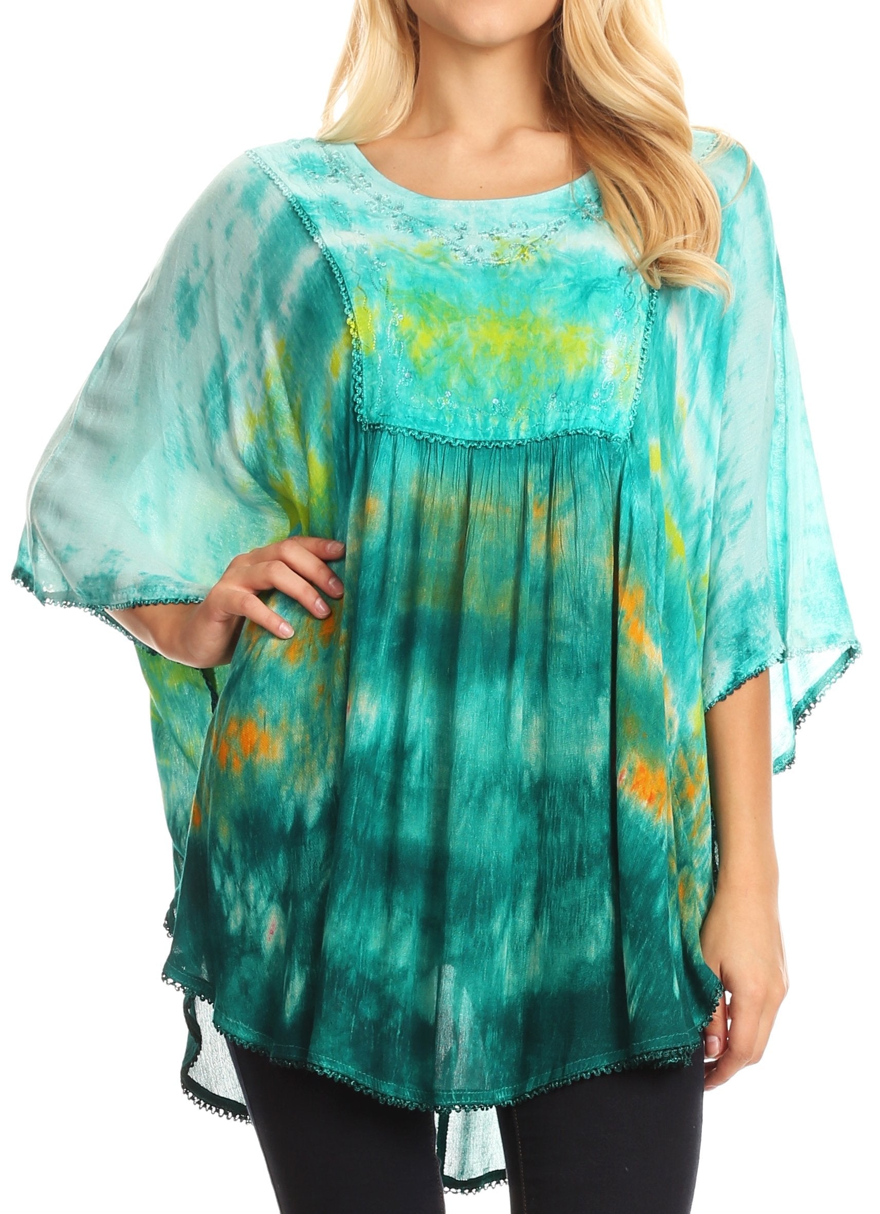 Sakkas Lepha Long Wide Multi Colored Tie Dye Sequin Embroidered Poncho Top Blouse - Concordia Style Boutique