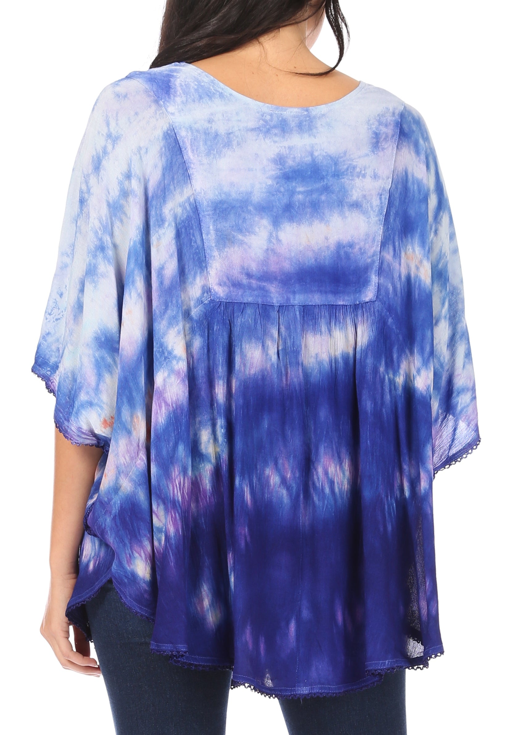 Sakkas Lepha Long Wide Multi Colored Tie Dye Sequin Embroidered Poncho Top Blouse - Concordia Style Boutique