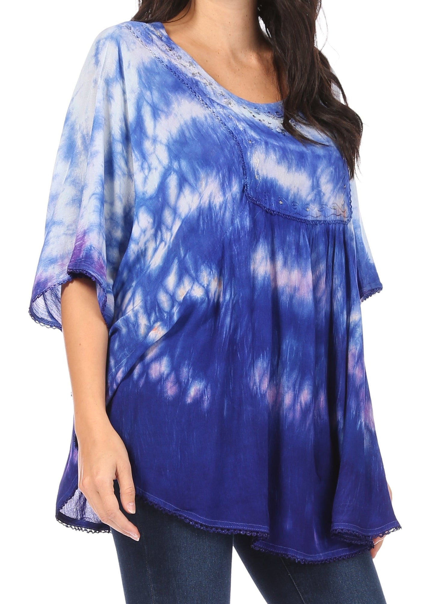 Sakkas Lepha Long Wide Multi Colored Tie Dye Sequin Embroidered Poncho Top Blouse - Concordia Style Boutique