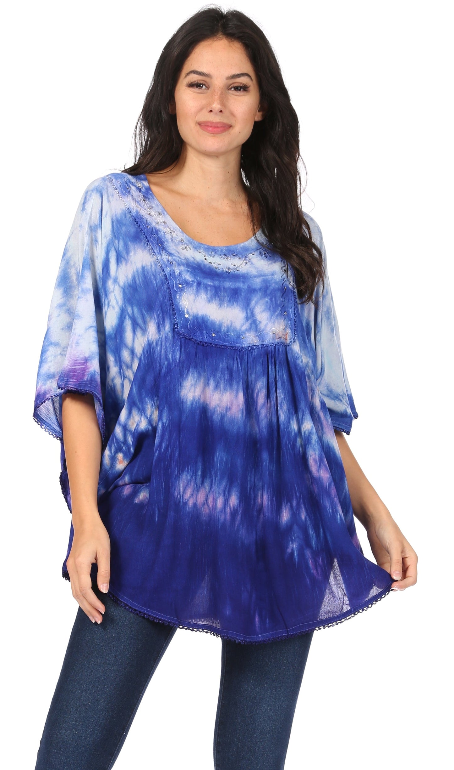 Sakkas Lepha Long Wide Multi Colored Tie Dye Sequin Embroidered Poncho Top Blouse - Concordia Style Boutique