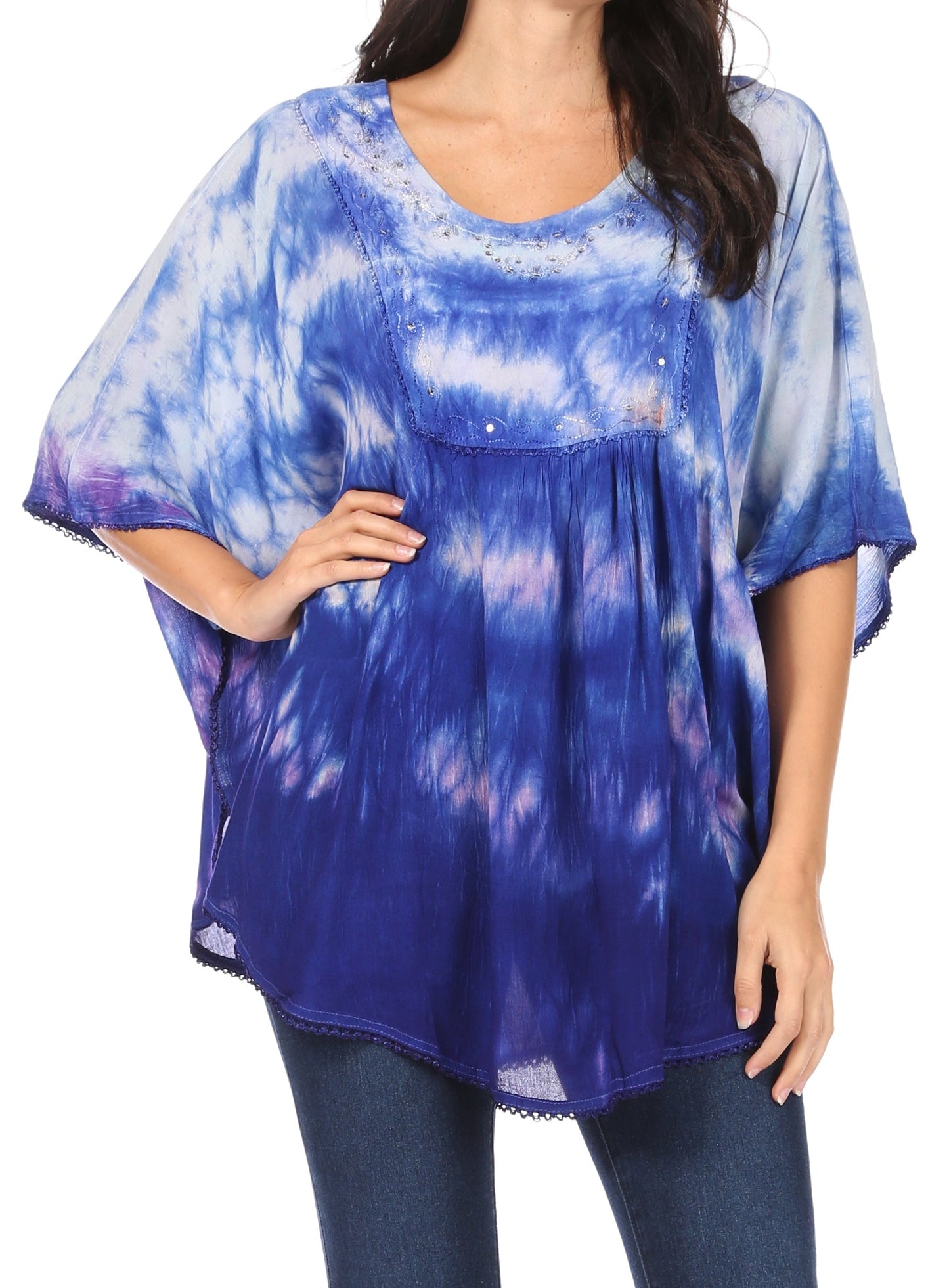 Sakkas Lepha Long Wide Multi Colored Tie Dye Sequin Embroidered Poncho Top Blouse - Concordia Style Boutique