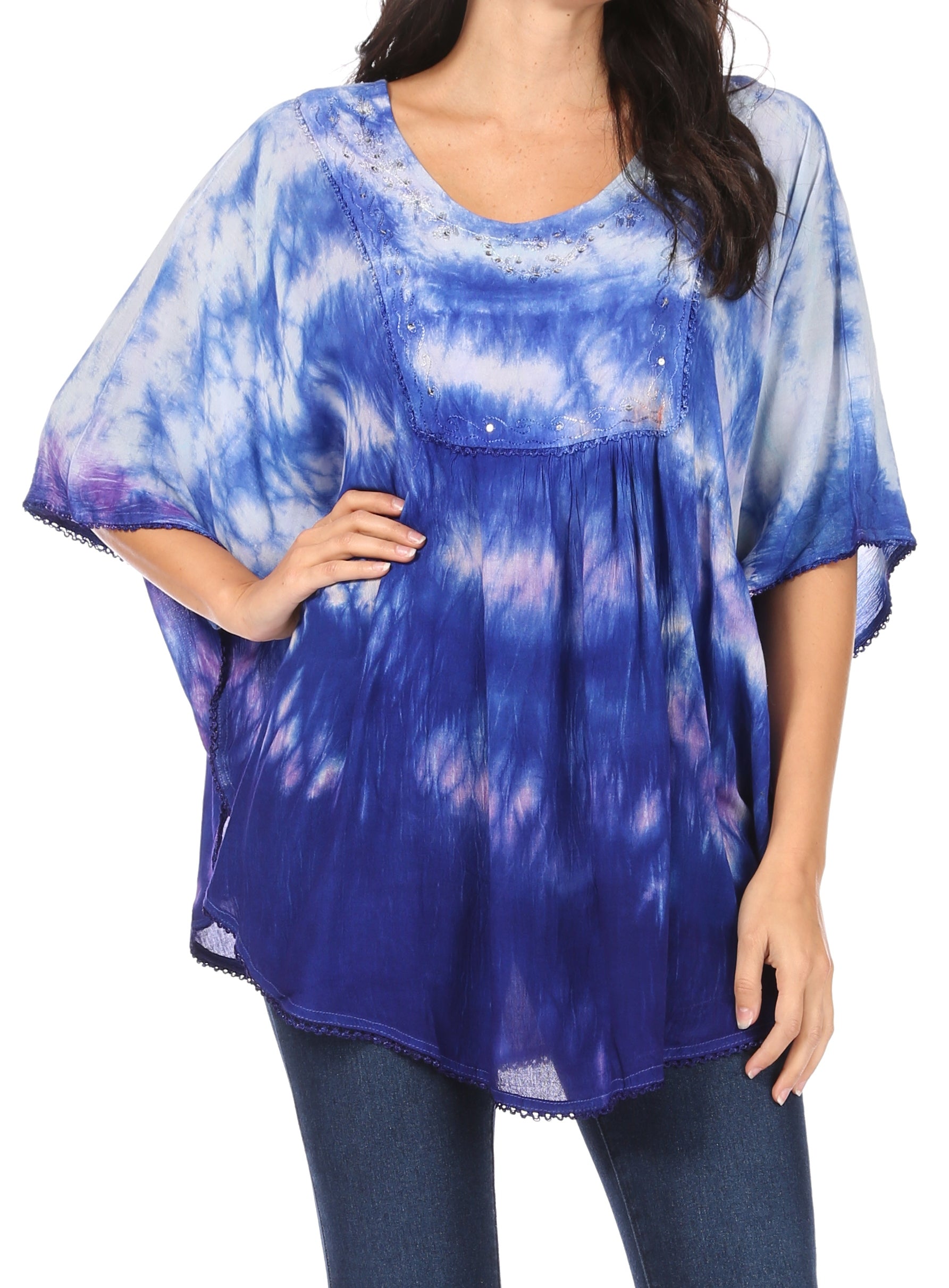 Sakkas Lepha Long Wide Multi Colored Tie Dye Sequin Embroidered Poncho Top Blouse - Concordia Style Boutique