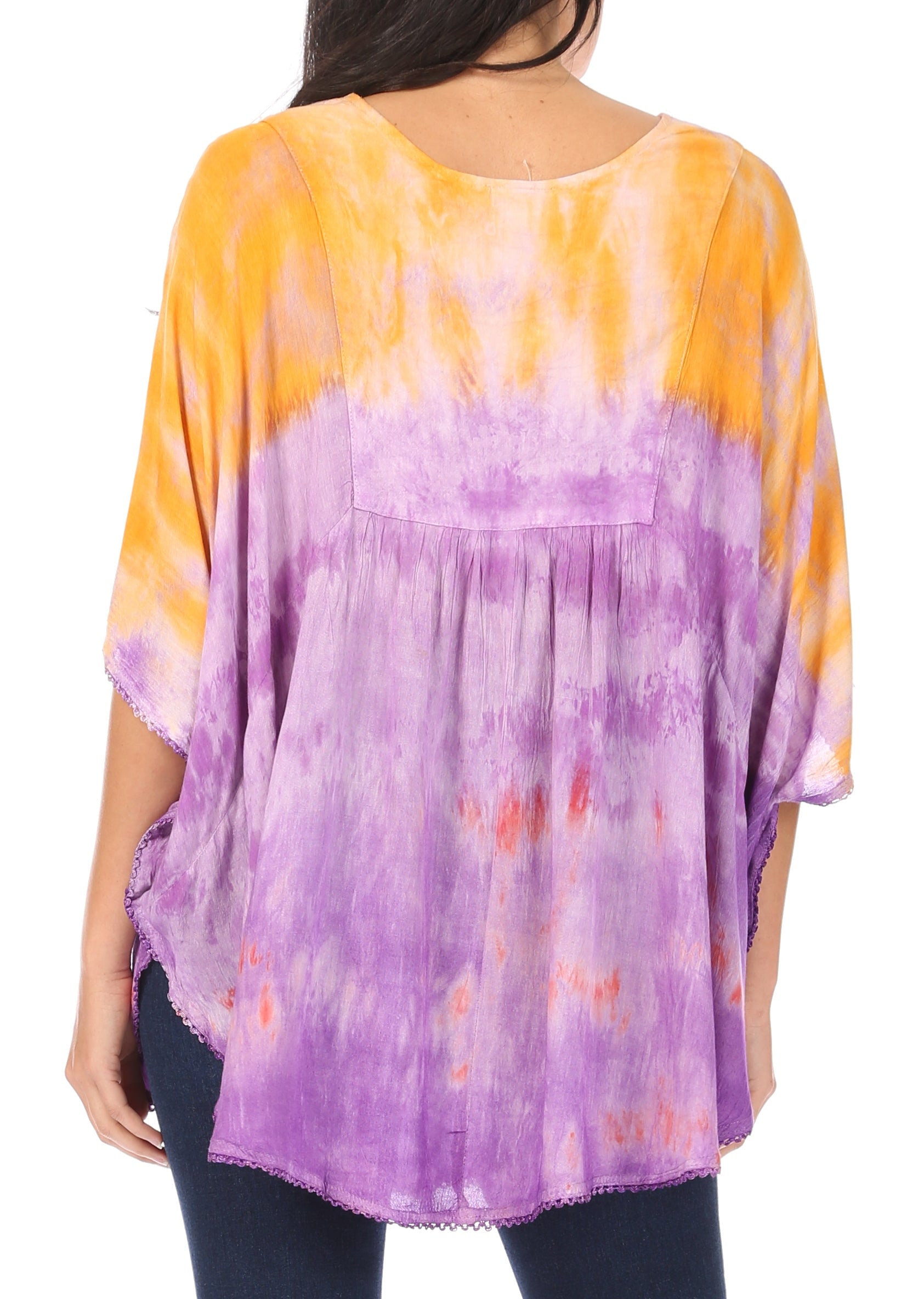 Sakkas Lepha Long Wide Multi Colored Tie Dye Sequin Embroidered Poncho Top Blouse - Concordia Style Boutique
