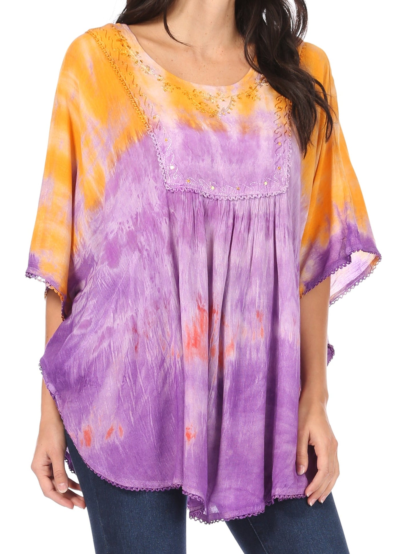 Sakkas Lepha Long Wide Multi Colored Tie Dye Sequin Embroidered Poncho Top Blouse - Concordia Style Boutique