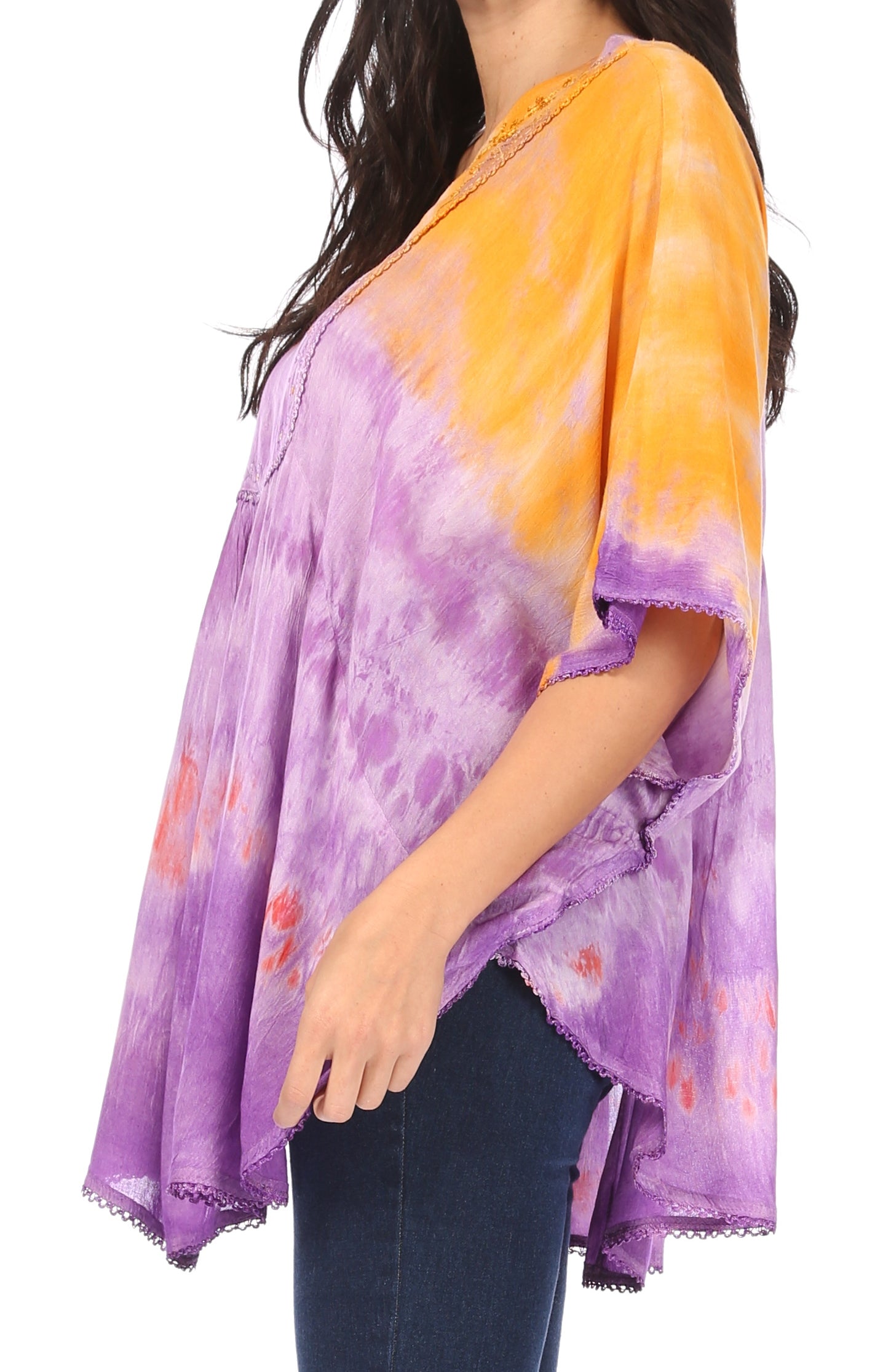 Sakkas Lepha Long Wide Multi Colored Tie Dye Sequin Embroidered Poncho Top Blouse - Concordia Style Boutique