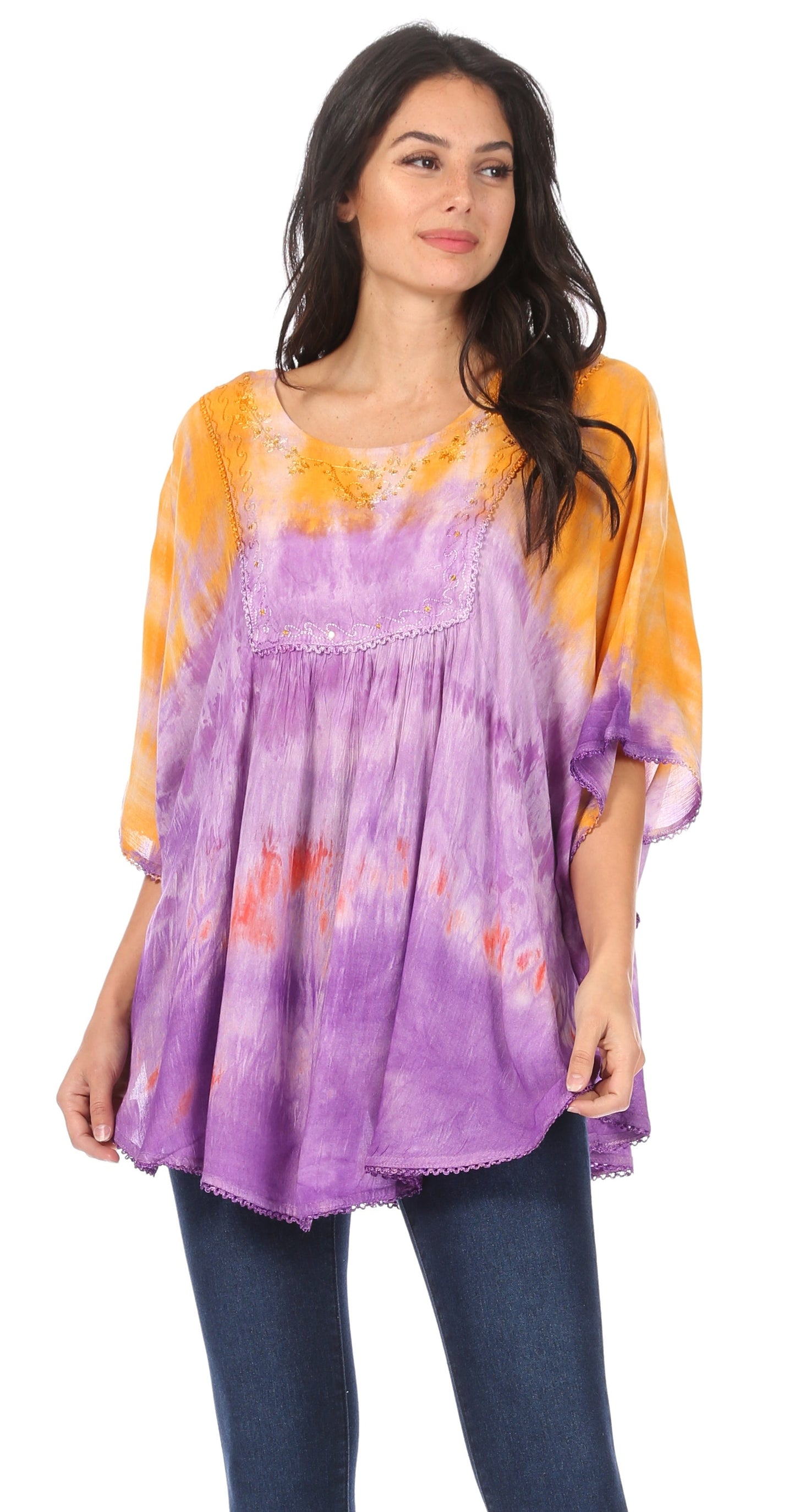 Sakkas Lepha Long Wide Multi Colored Tie Dye Sequin Embroidered Poncho Top Blouse - Concordia Style Boutique