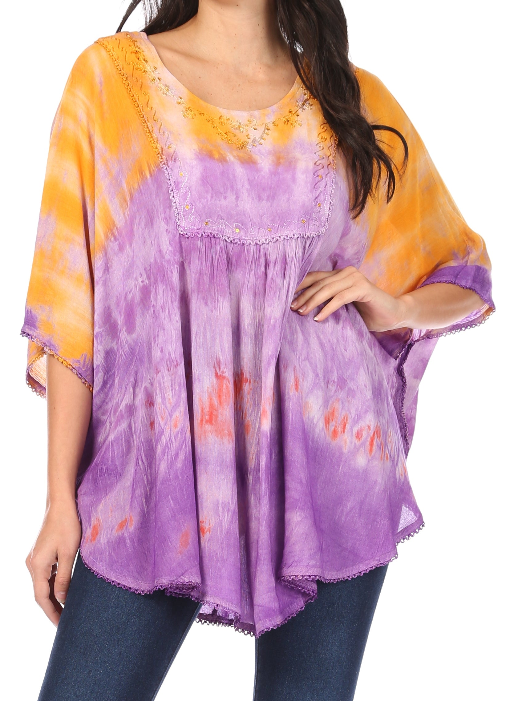 Sakkas Lepha Long Wide Multi Colored Tie Dye Sequin Embroidered Poncho Top Blouse - Concordia Style Boutique