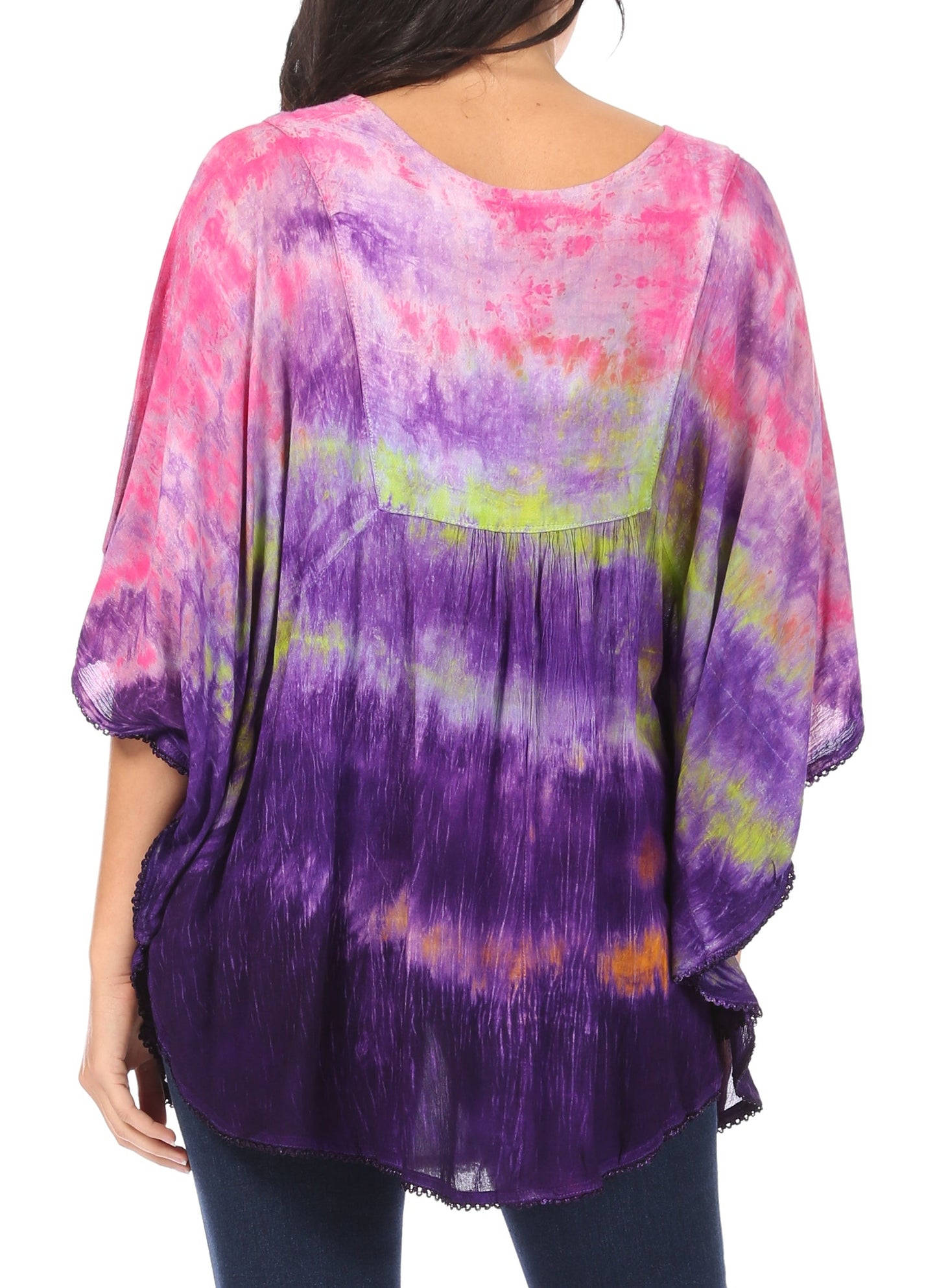 Sakkas Lepha Long Wide Multi Colored Tie Dye Sequin Embroidered Poncho Top Blouse - Concordia Style Boutique