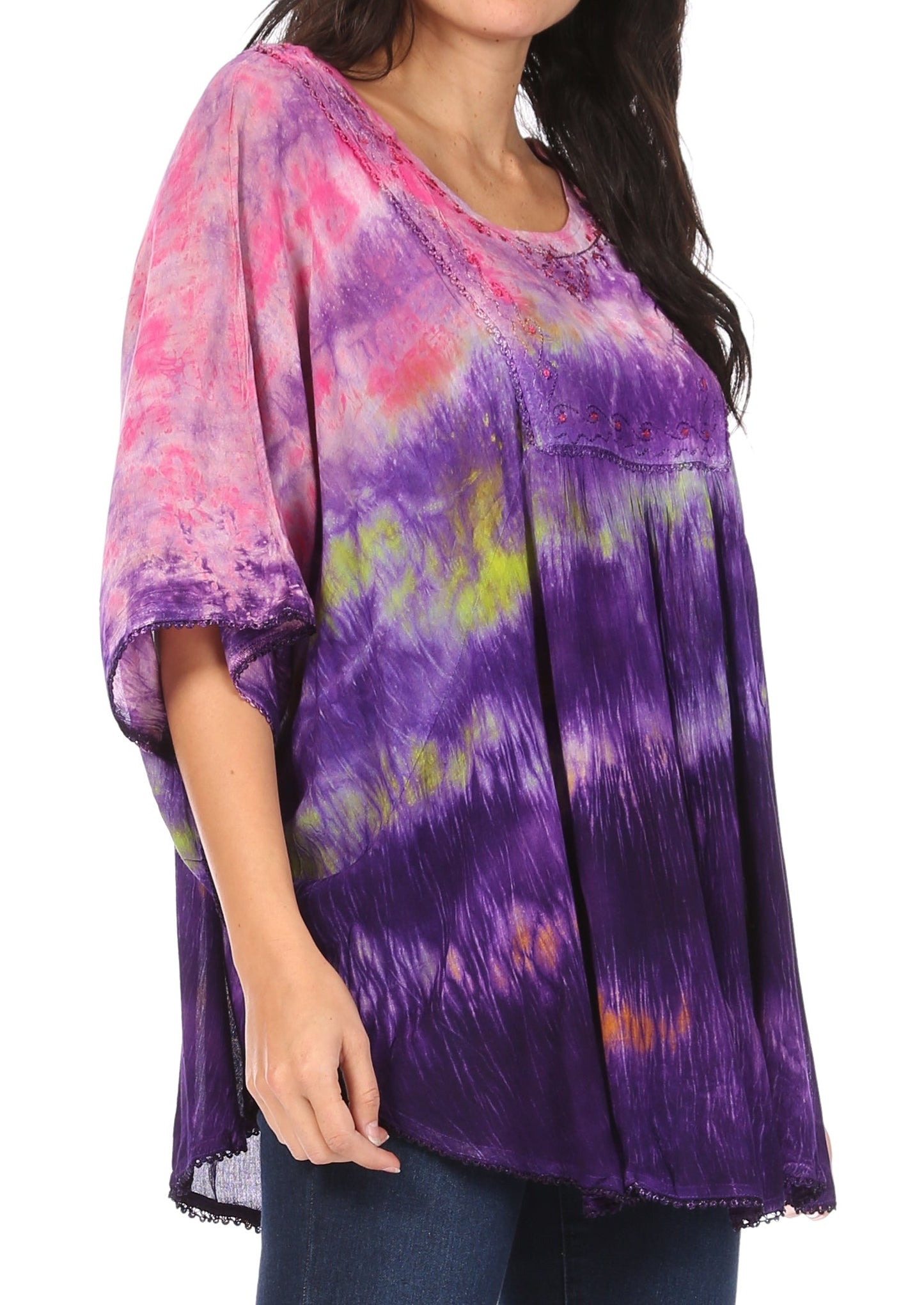 Sakkas Lepha Long Wide Multi Colored Tie Dye Sequin Embroidered Poncho Top Blouse - Concordia Style Boutique