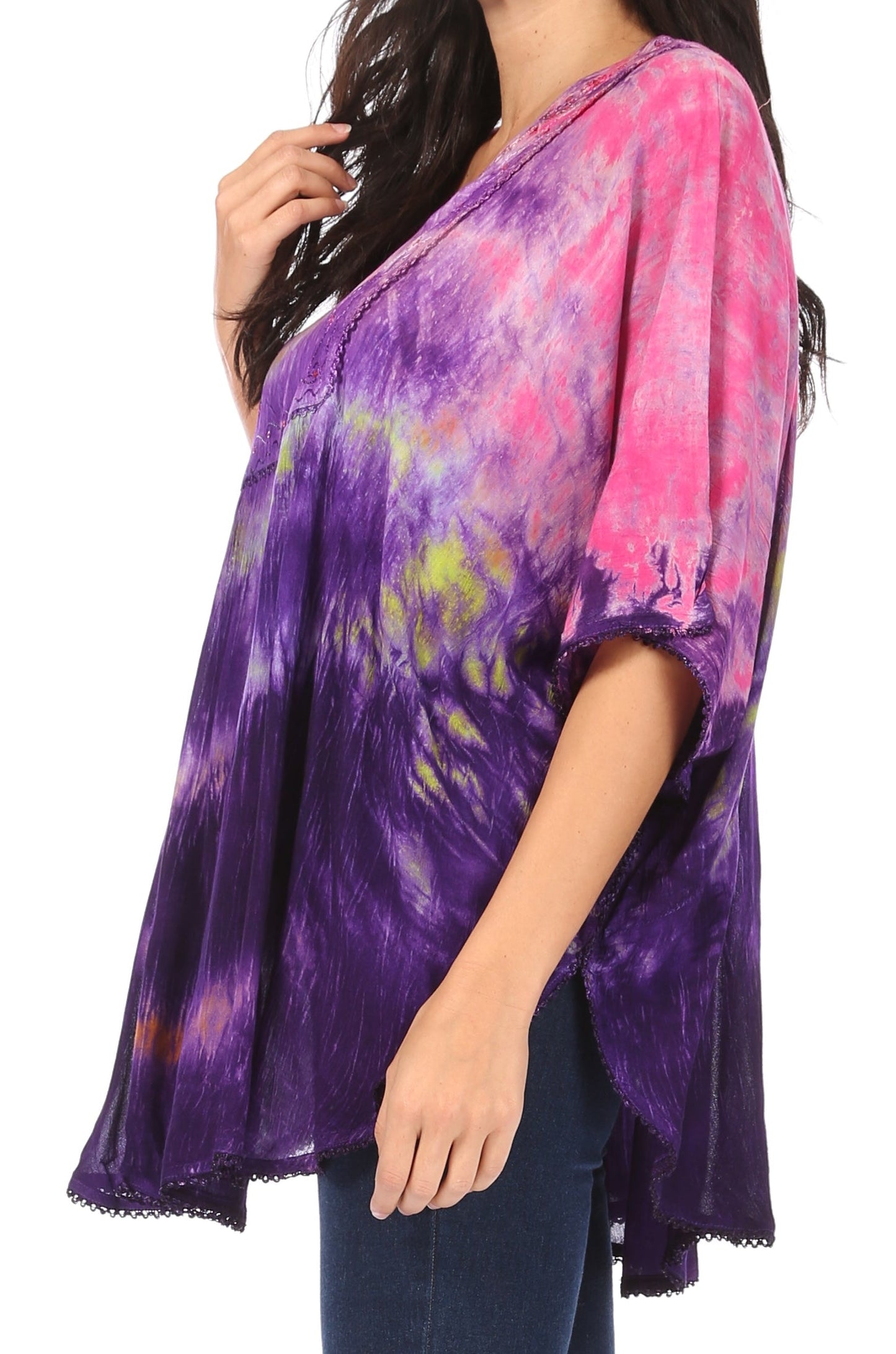 Sakkas Lepha Long Wide Multi Colored Tie Dye Sequin Embroidered Poncho Top Blouse - Concordia Style Boutique