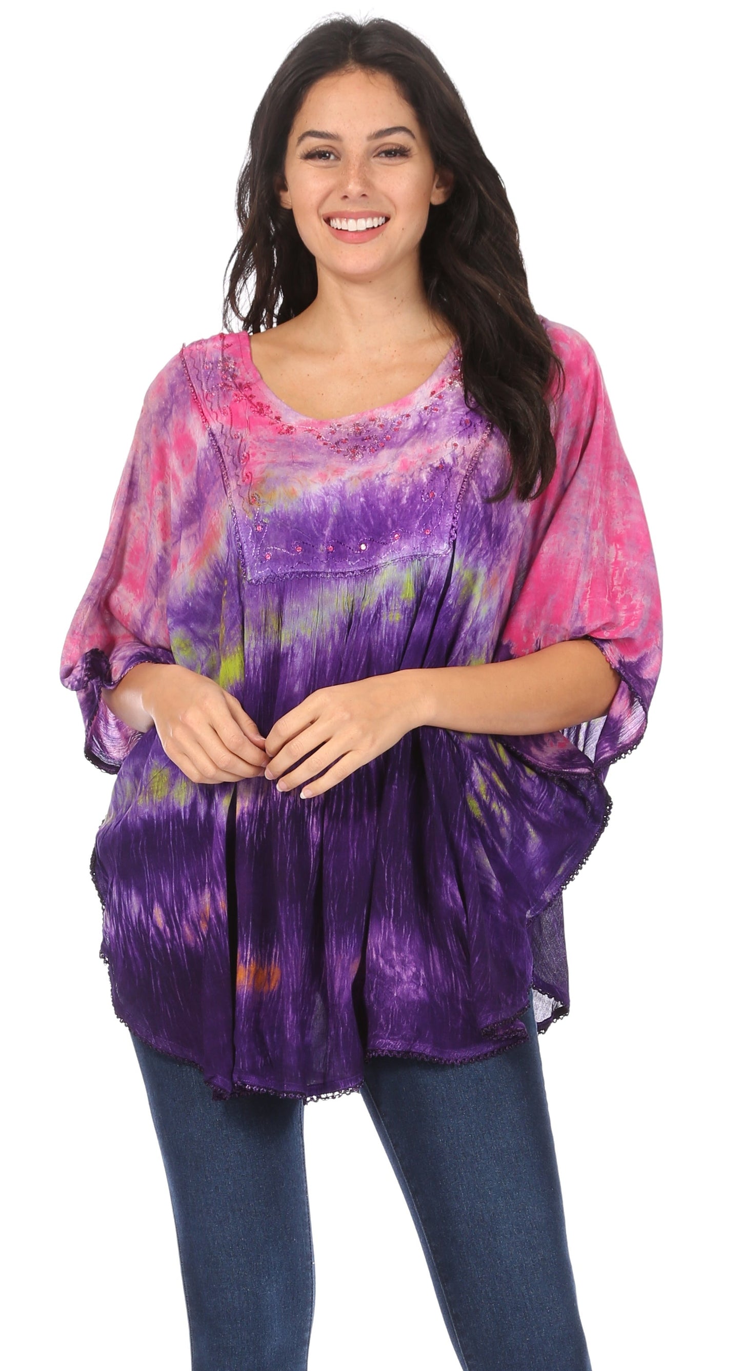 Sakkas Lepha Long Wide Multi Colored Tie Dye Sequin Embroidered Poncho Top Blouse - Concordia Style Boutique