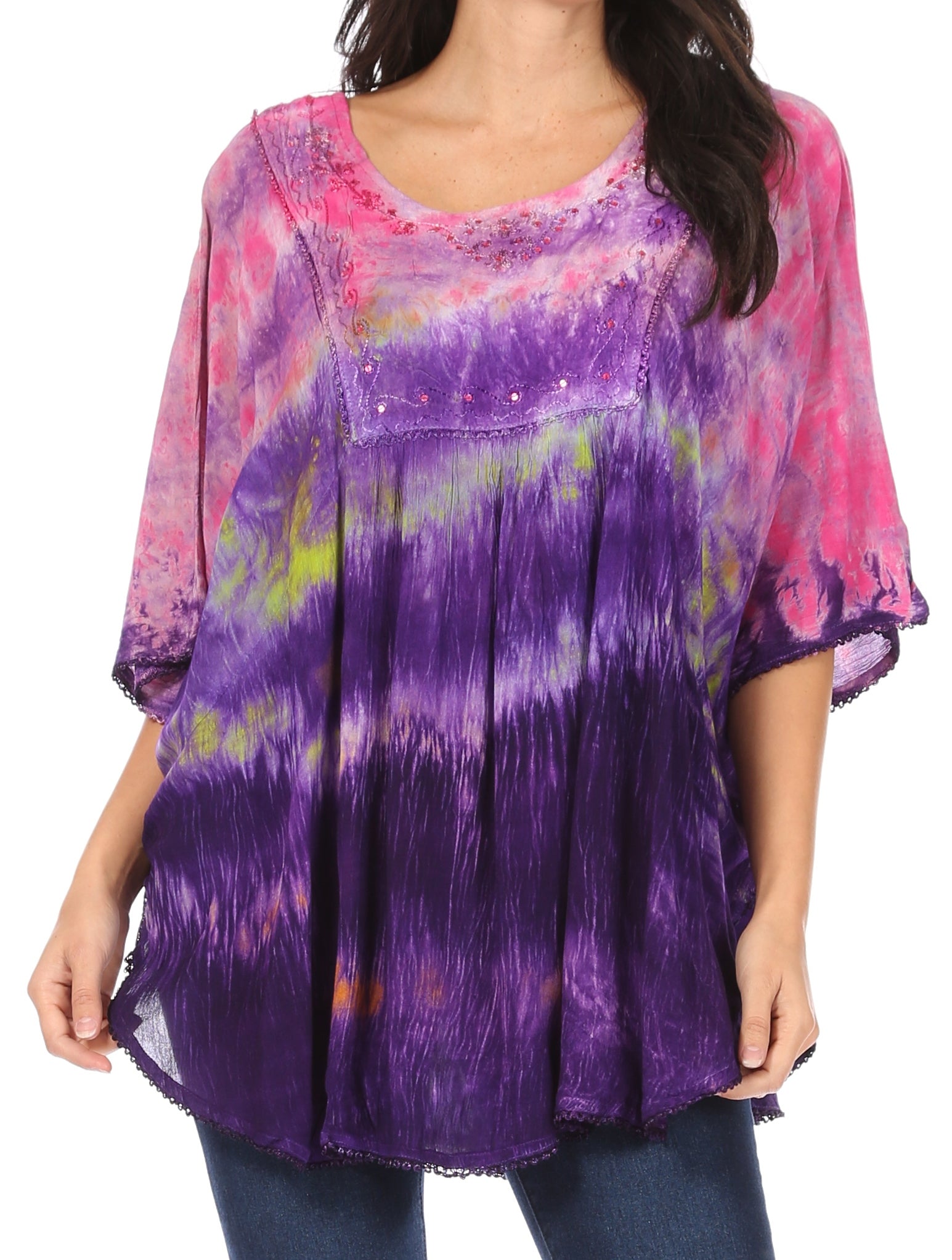 Sakkas Lepha Long Wide Multi Colored Tie Dye Sequin Embroidered Poncho Top Blouse - Concordia Style Boutique