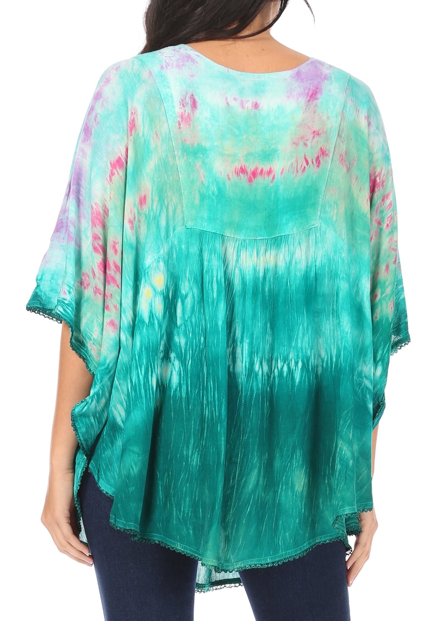 Sakkas Lepha Long Wide Multi Colored Tie Dye Sequin Embroidered Poncho Top Blouse - Concordia Style Boutique