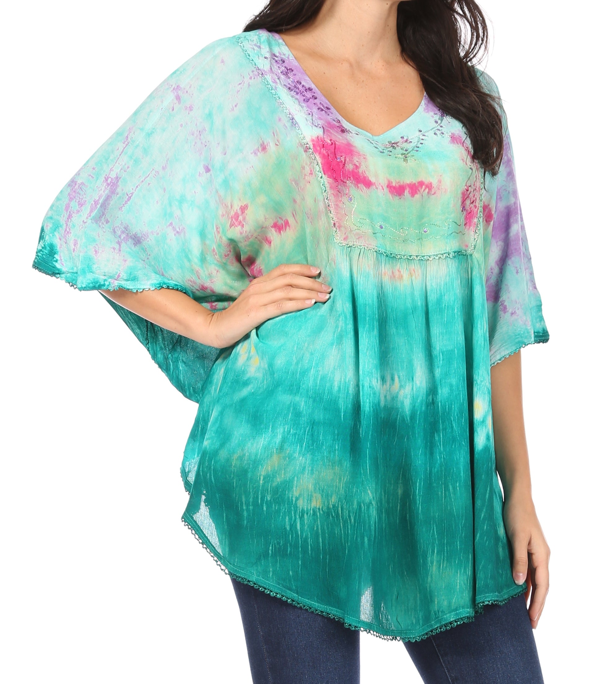 Sakkas Lepha Long Wide Multi Colored Tie Dye Sequin Embroidered Poncho Top Blouse - Concordia Style Boutique