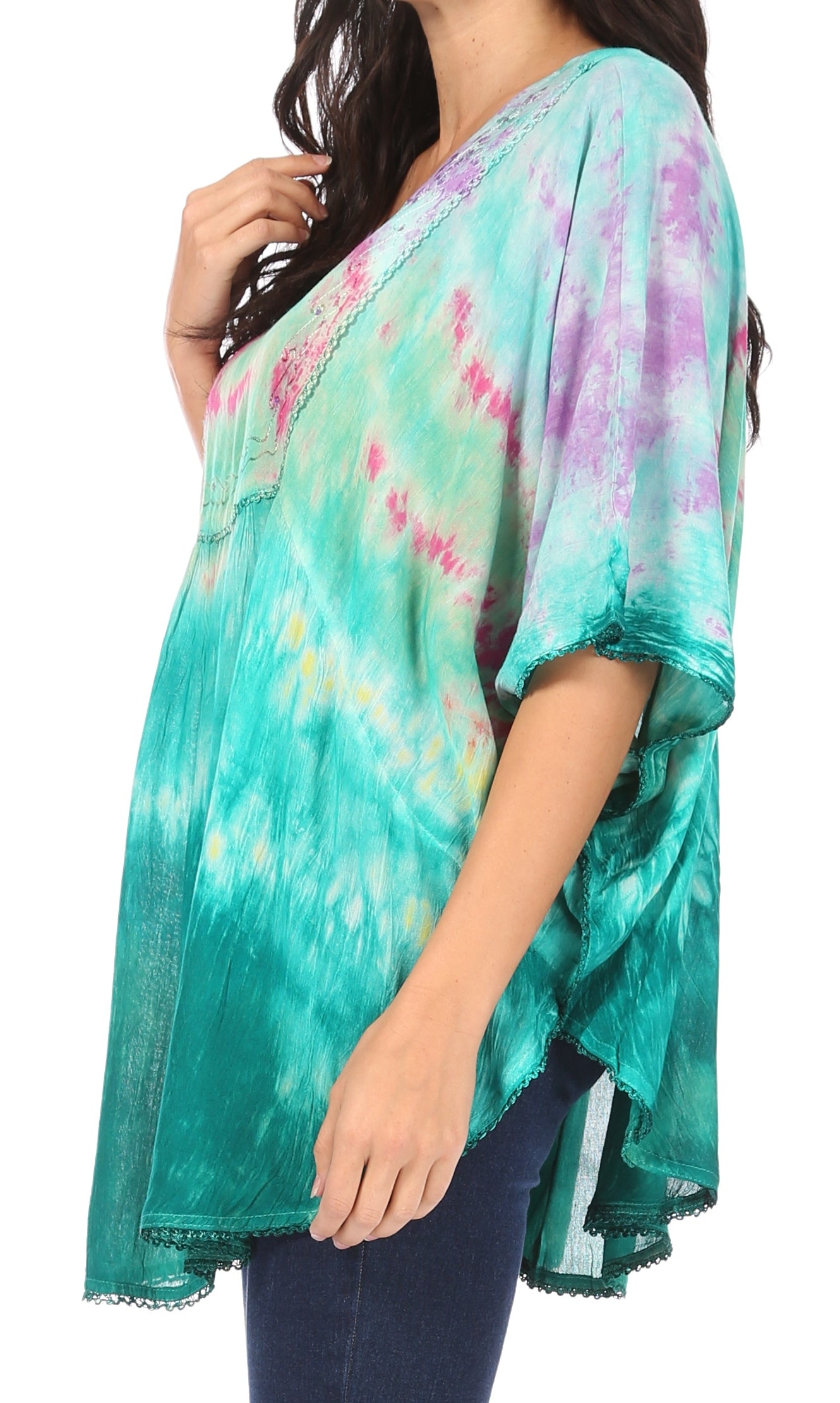 Sakkas Lepha Long Wide Multi Colored Tie Dye Sequin Embroidered Poncho Top Blouse - Concordia Style Boutique