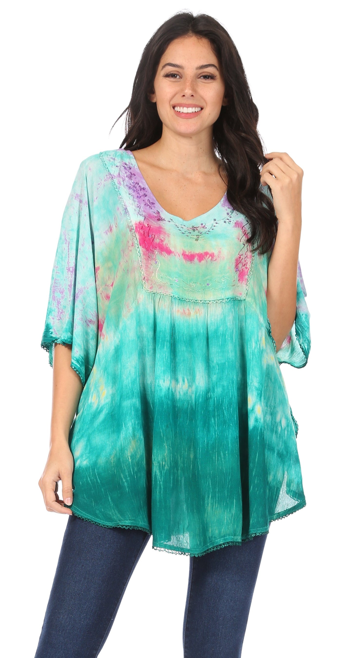 Sakkas Lepha Long Wide Multi Colored Tie Dye Sequin Embroidered Poncho Top Blouse - Concordia Style Boutique