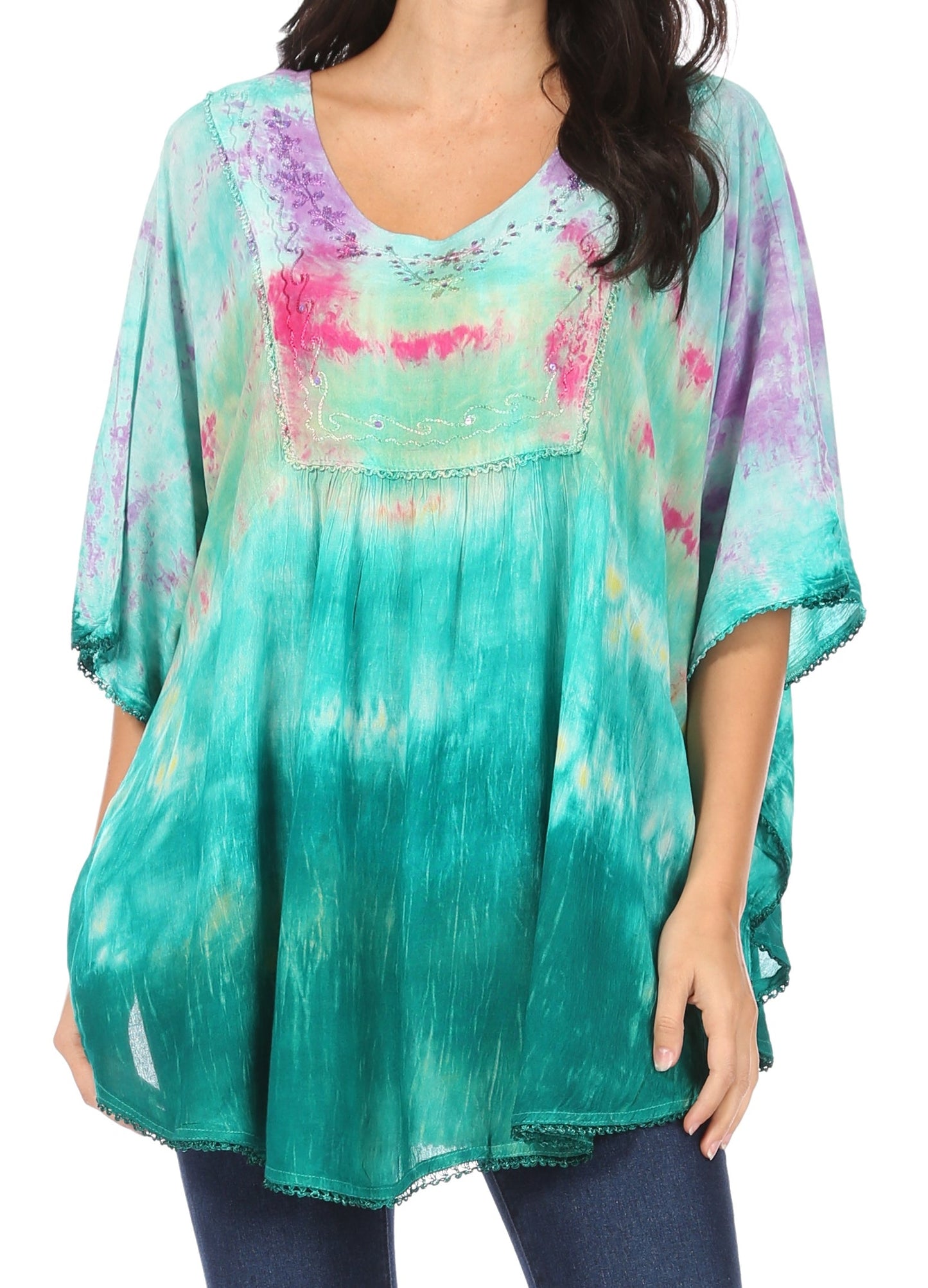 Sakkas Lepha Long Wide Multi Colored Tie Dye Sequin Embroidered Poncho Top Blouse - Concordia Style Boutique