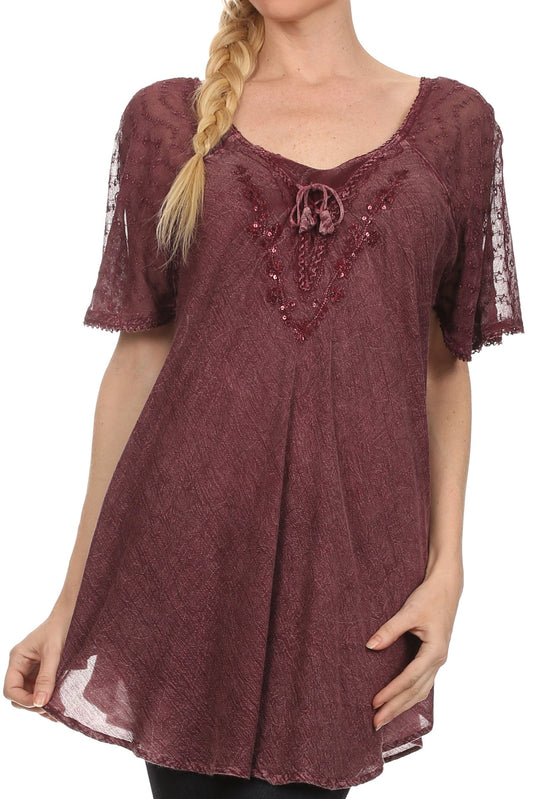 Sakkas Ellie Sequin Embroidered Cap Sleeve Scoop Neck Relaxed Fit Blouse - Concordia Style Boutique