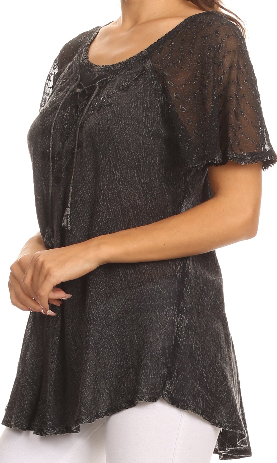 Sakkas Ellie Sequin Embroidered Cap Sleeve Scoop Neck Relaxed Fit Blouse - Concordia Style Boutique