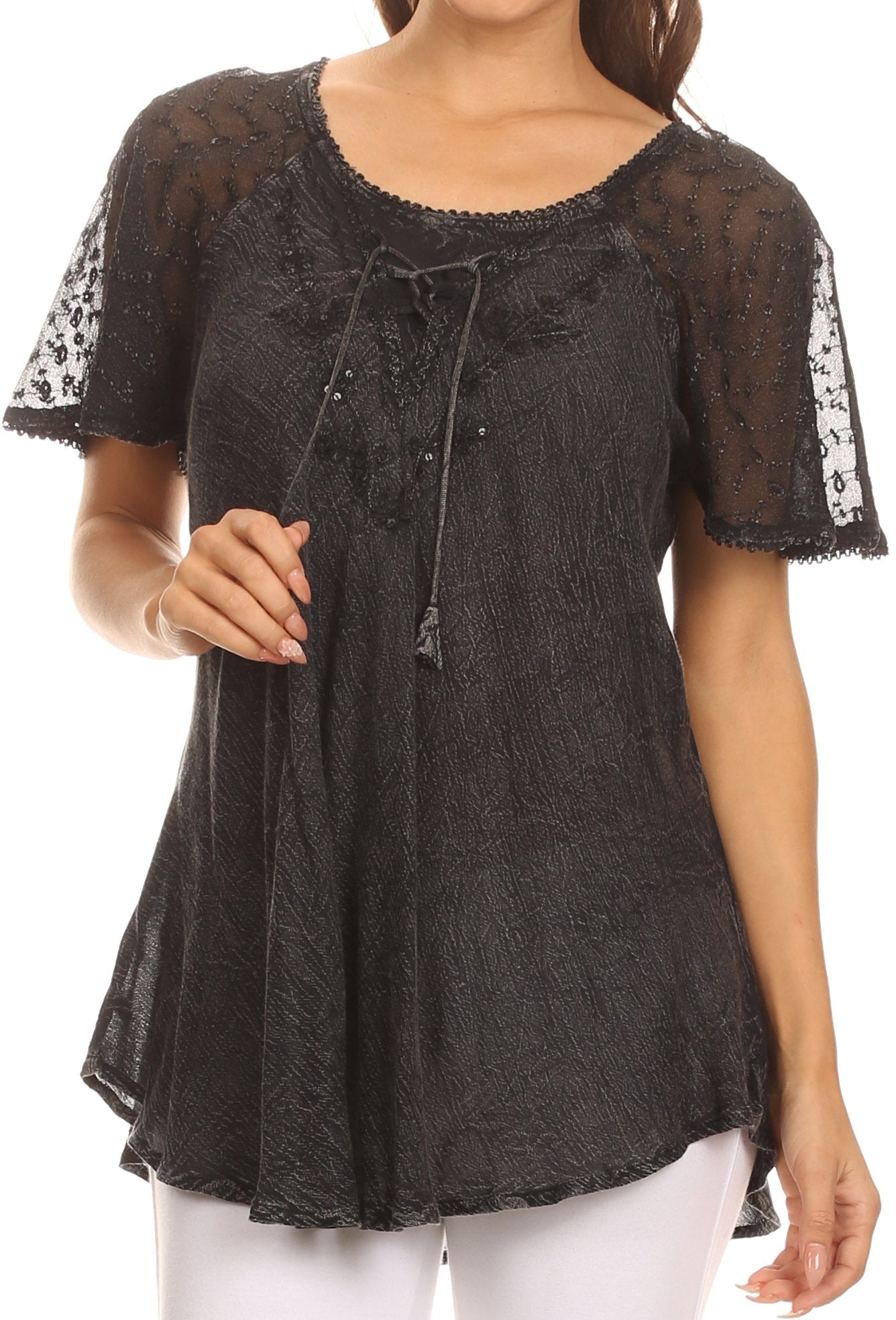 Sakkas Ellie Sequin Embroidered Cap Sleeve Scoop Neck Relaxed Fit Blouse - Concordia Style Boutique