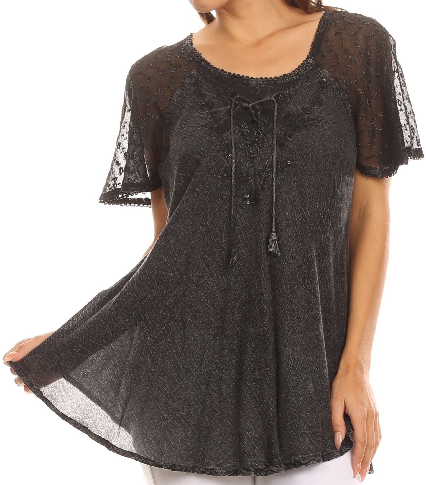 Sakkas Ellie Sequin Embroidered Cap Sleeve Scoop Neck Relaxed Fit Blouse - Concordia Style Boutique