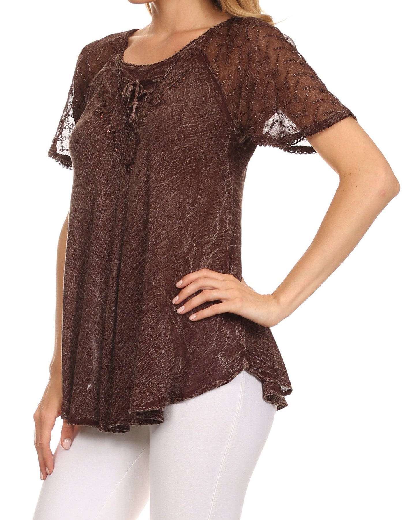 Sakkas Ellie Sequin Embroidered Cap Sleeve Scoop Neck Relaxed Fit Blouse - Concordia Style Boutique