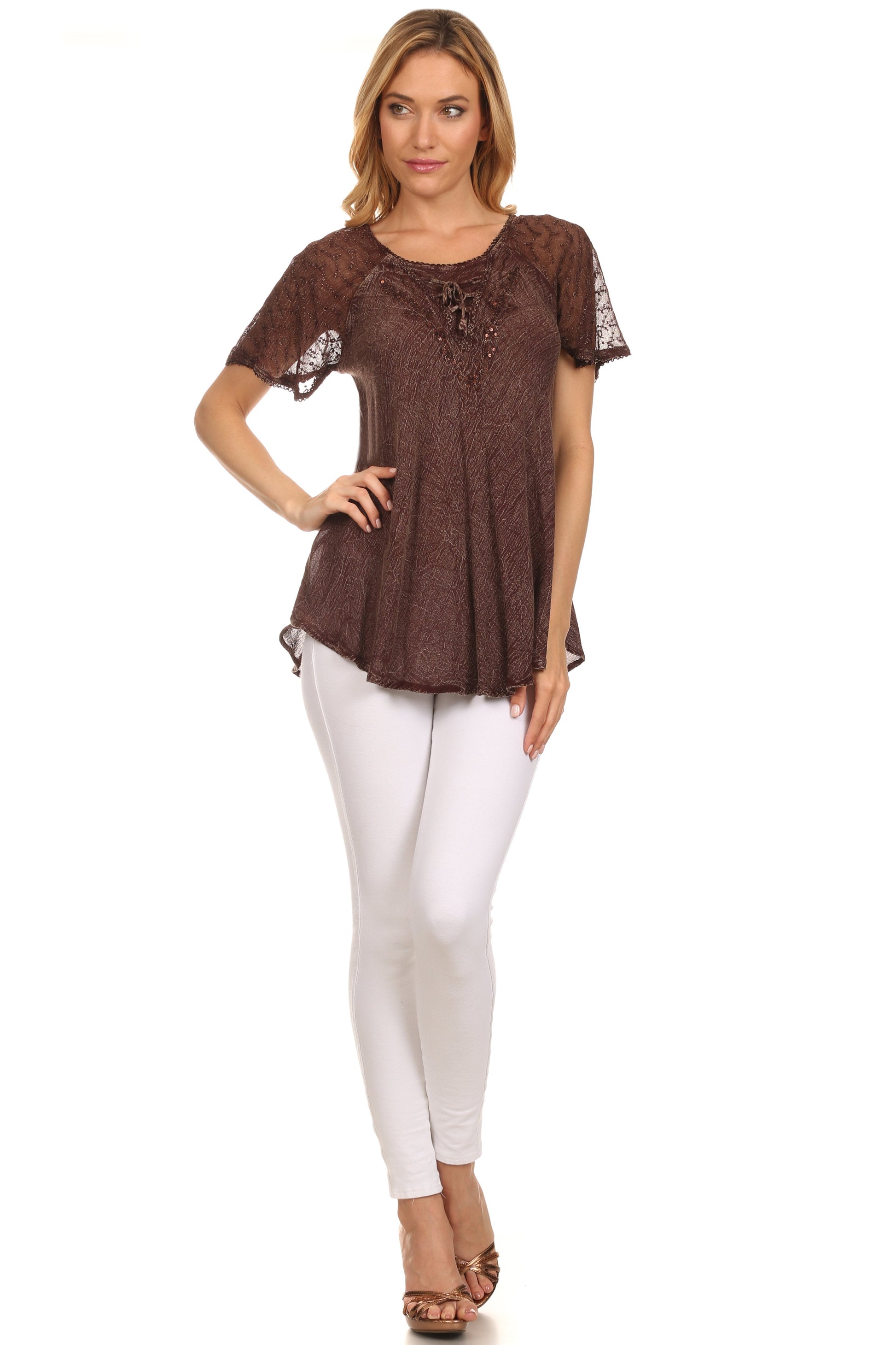 Sakkas Ellie Sequin Embroidered Cap Sleeve Scoop Neck Relaxed Fit Blouse - Concordia Style Boutique