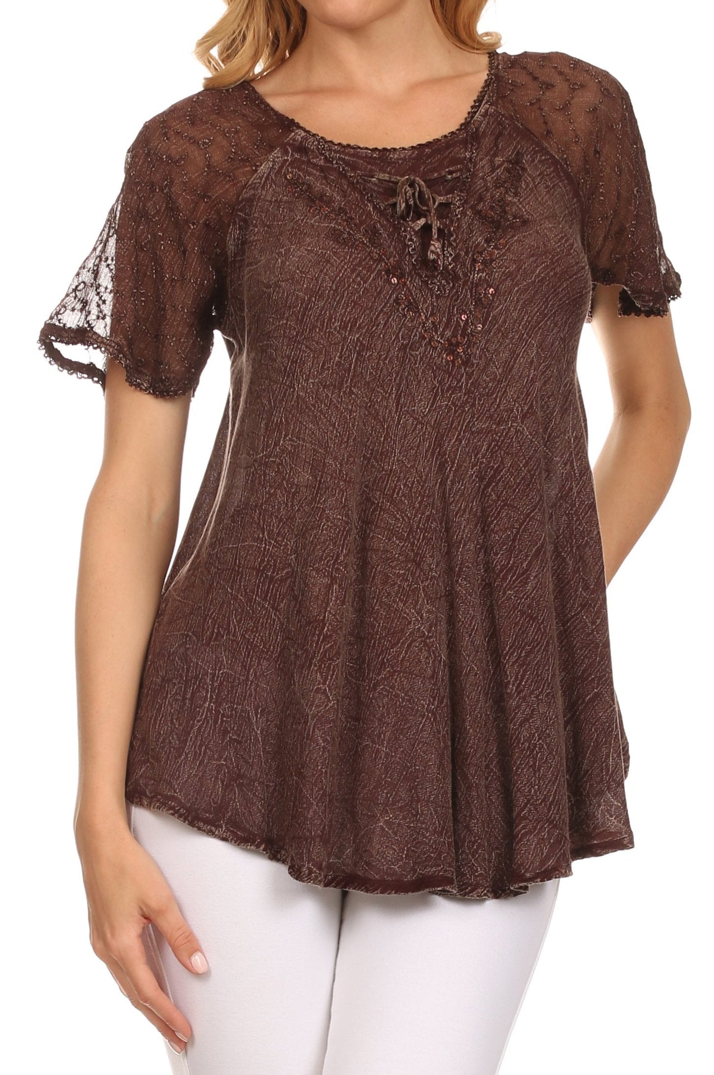 Sakkas Ellie Sequin Embroidered Cap Sleeve Scoop Neck Relaxed Fit Blouse - Concordia Style Boutique