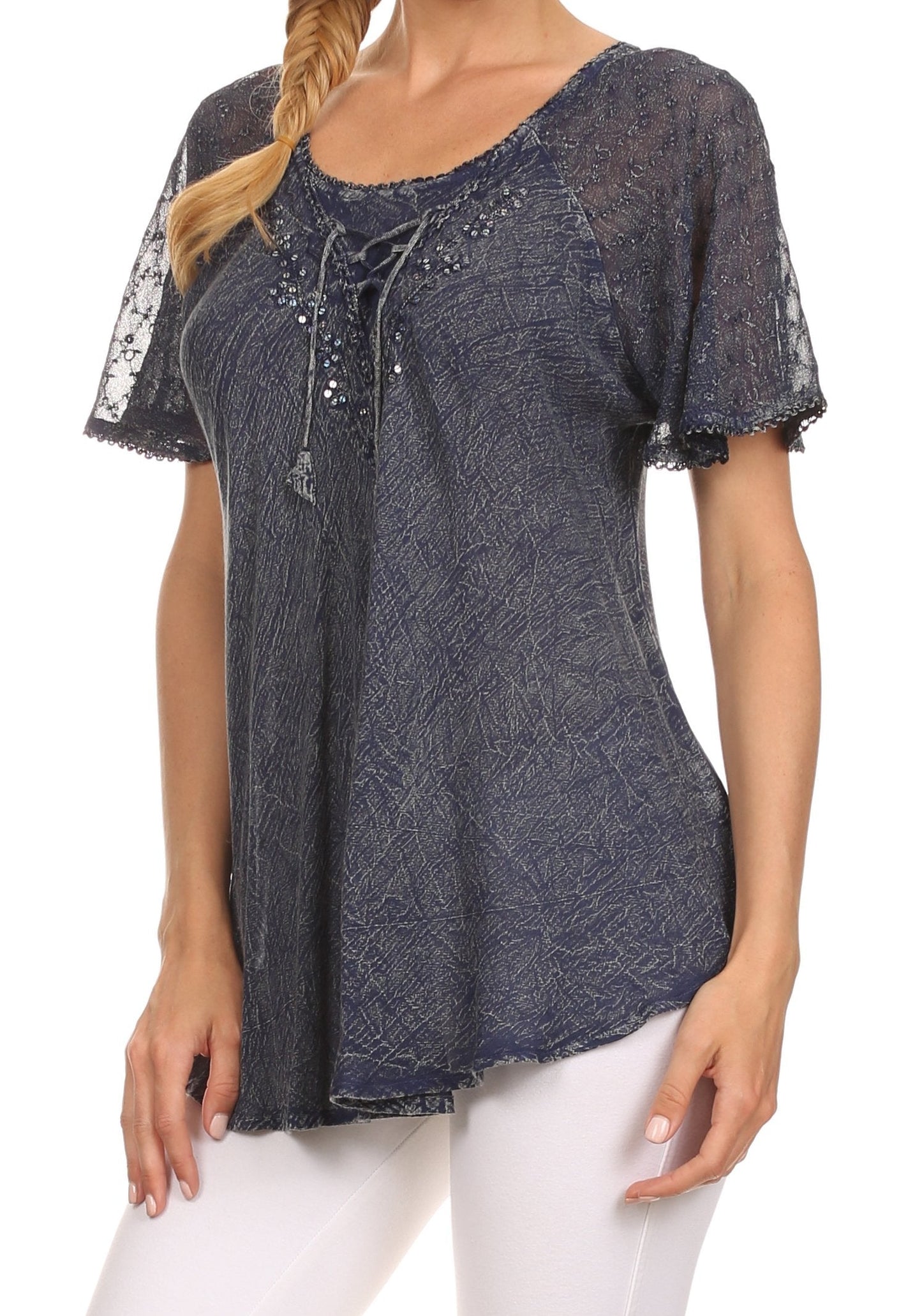 Sakkas Ellie Sequin Embroidered Cap Sleeve Scoop Neck Relaxed Fit Blouse - Concordia Style Boutique