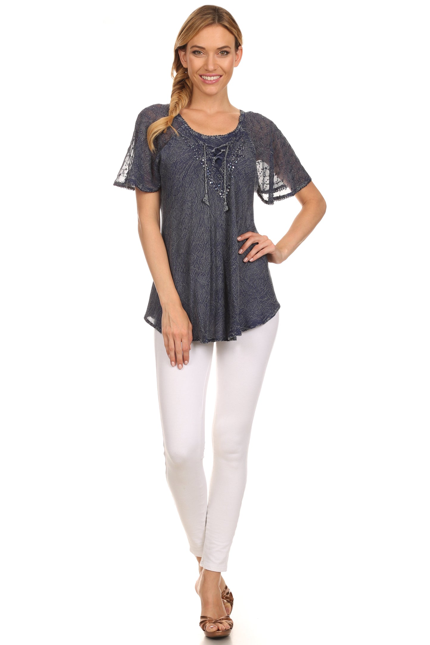 Sakkas Ellie Sequin Embroidered Cap Sleeve Scoop Neck Relaxed Fit Blouse - Concordia Style Boutique