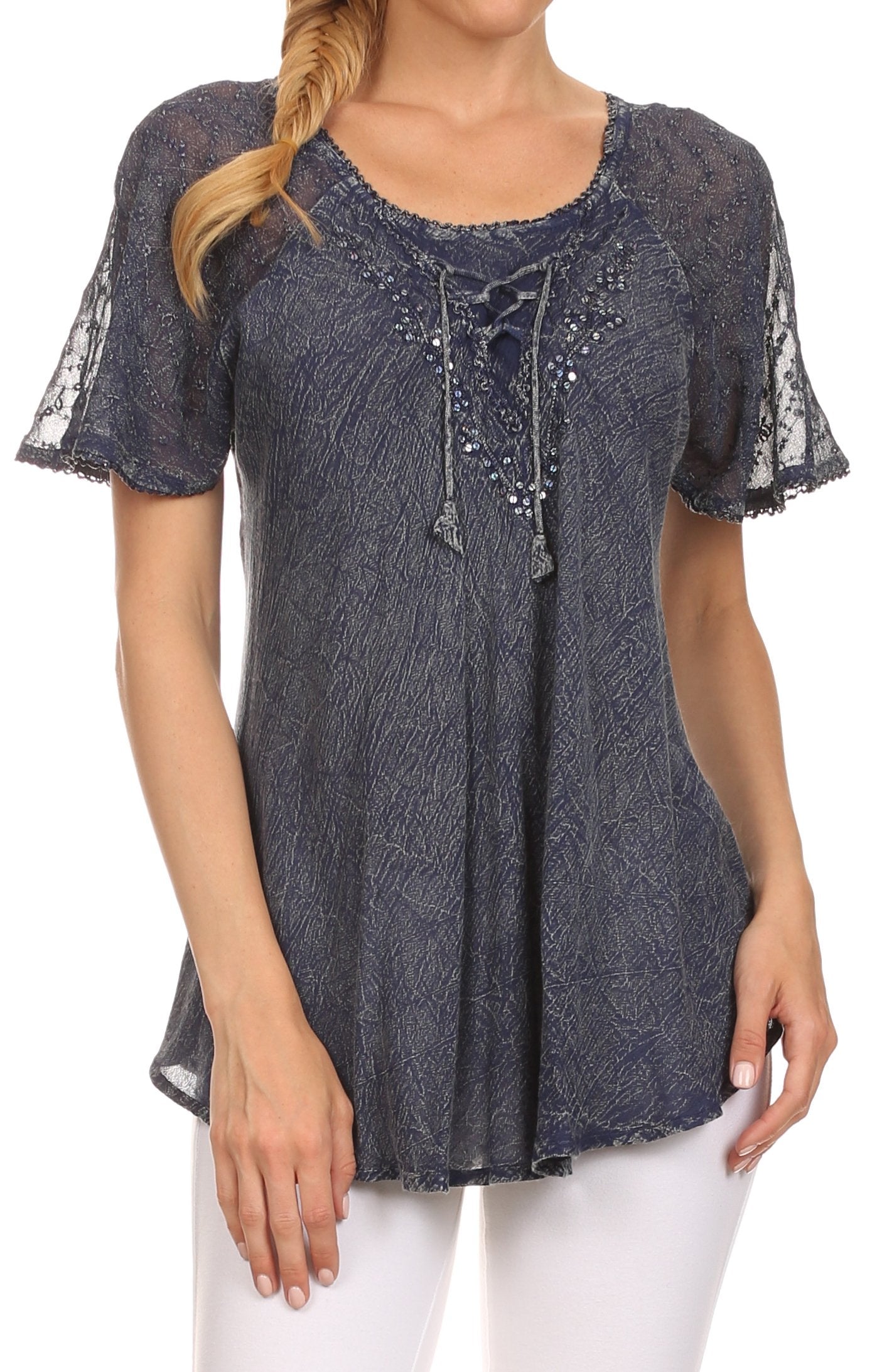 Sakkas Ellie Sequin Embroidered Cap Sleeve Scoop Neck Relaxed Fit Blouse - Concordia Style Boutique