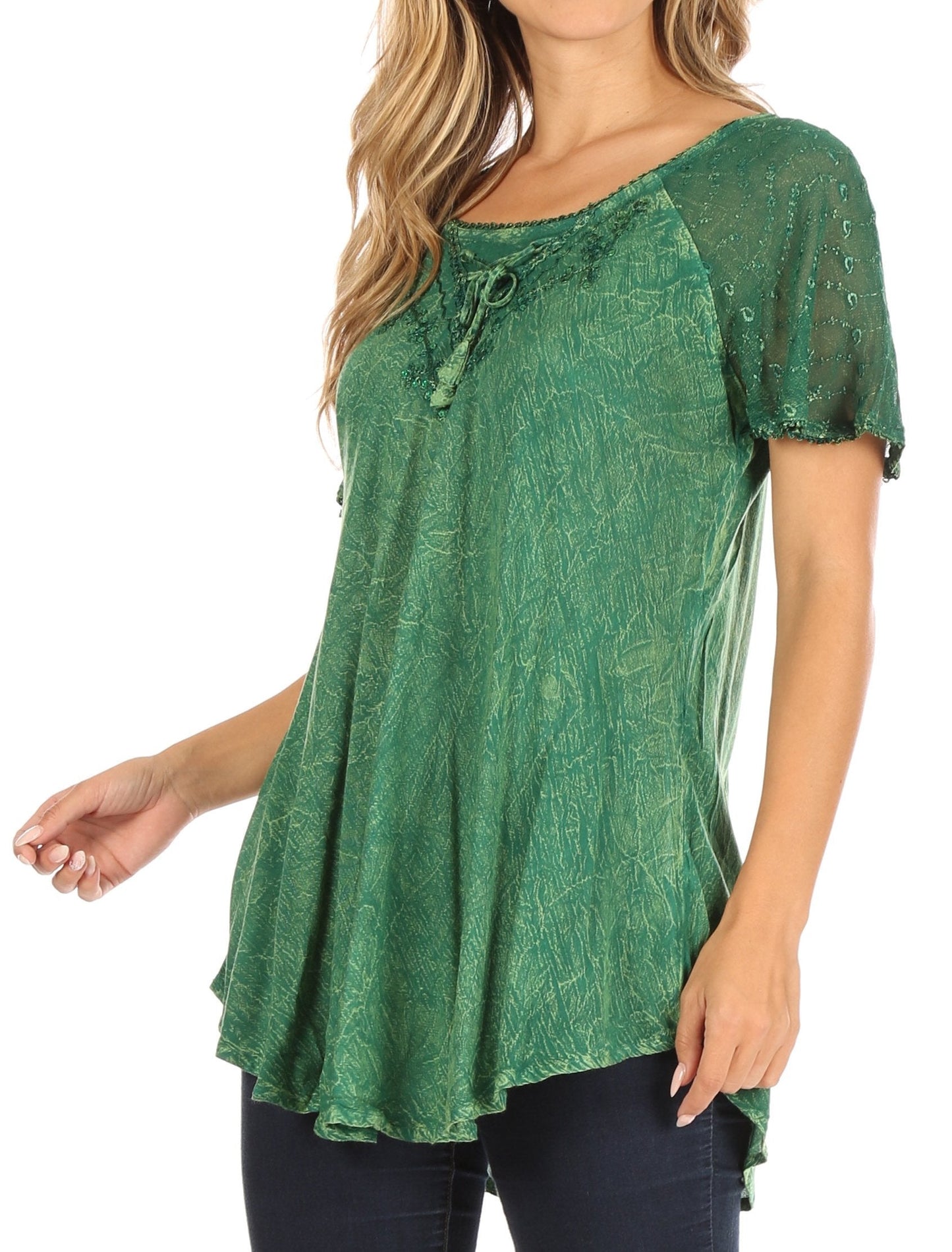 Sakkas Ellie Sequin Embroidered Cap Sleeve Scoop Neck Relaxed Fit Blouse - Concordia Style Boutique