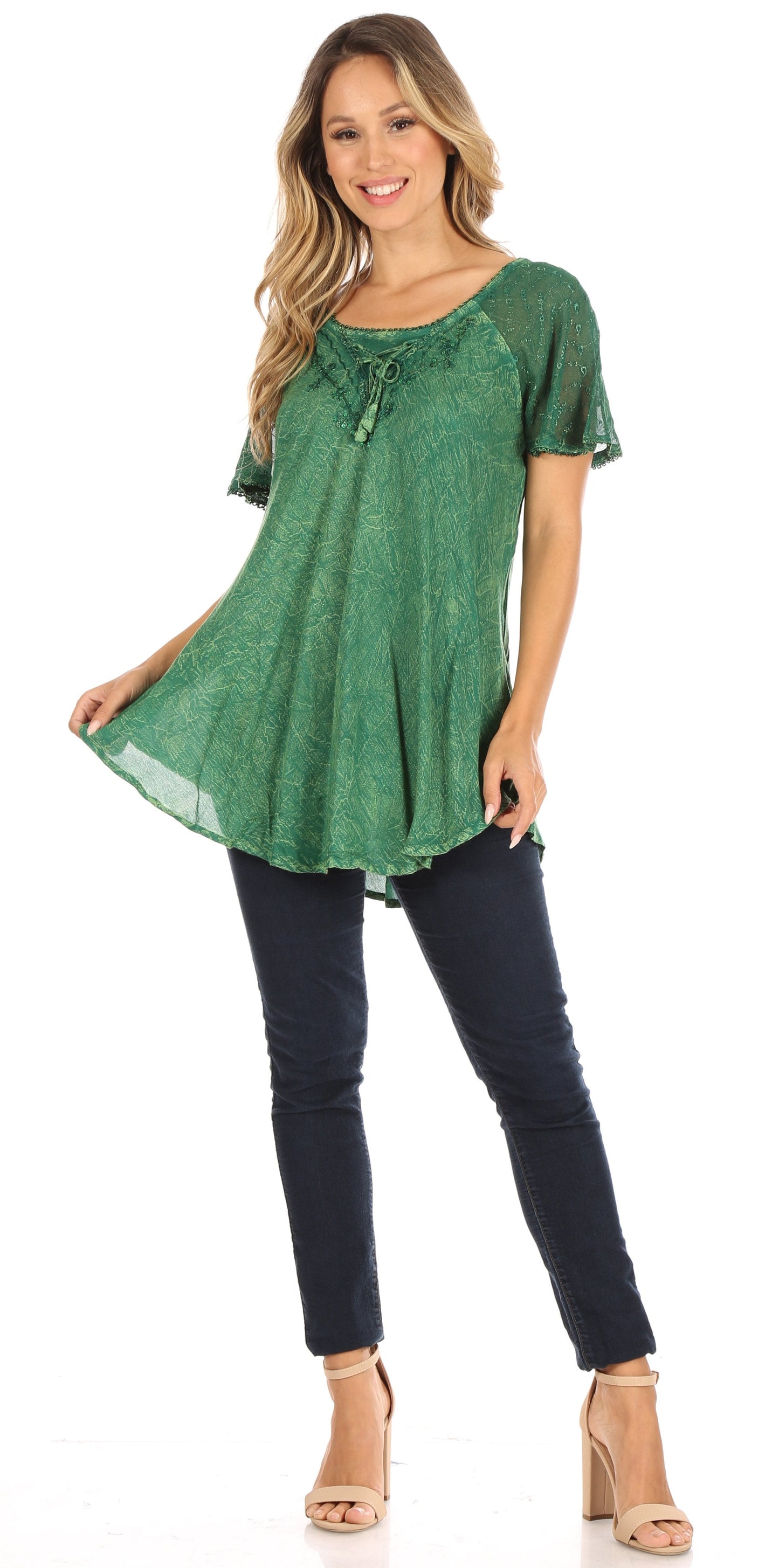 Sakkas Ellie Sequin Embroidered Cap Sleeve Scoop Neck Relaxed Fit Blouse - Concordia Style Boutique