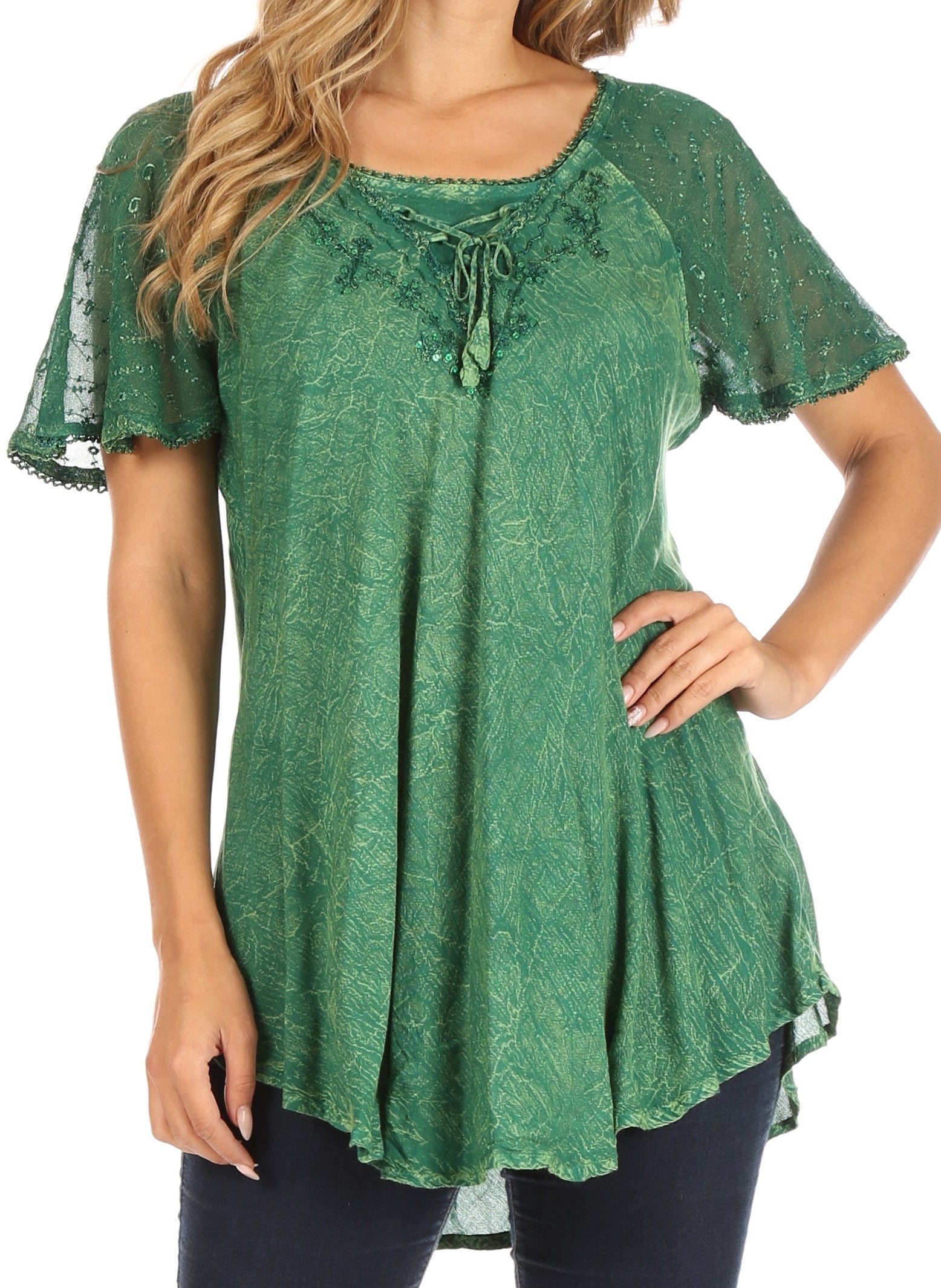 Sakkas Ellie Sequin Embroidered Cap Sleeve Scoop Neck Relaxed Fit Blouse - Concordia Style Boutique
