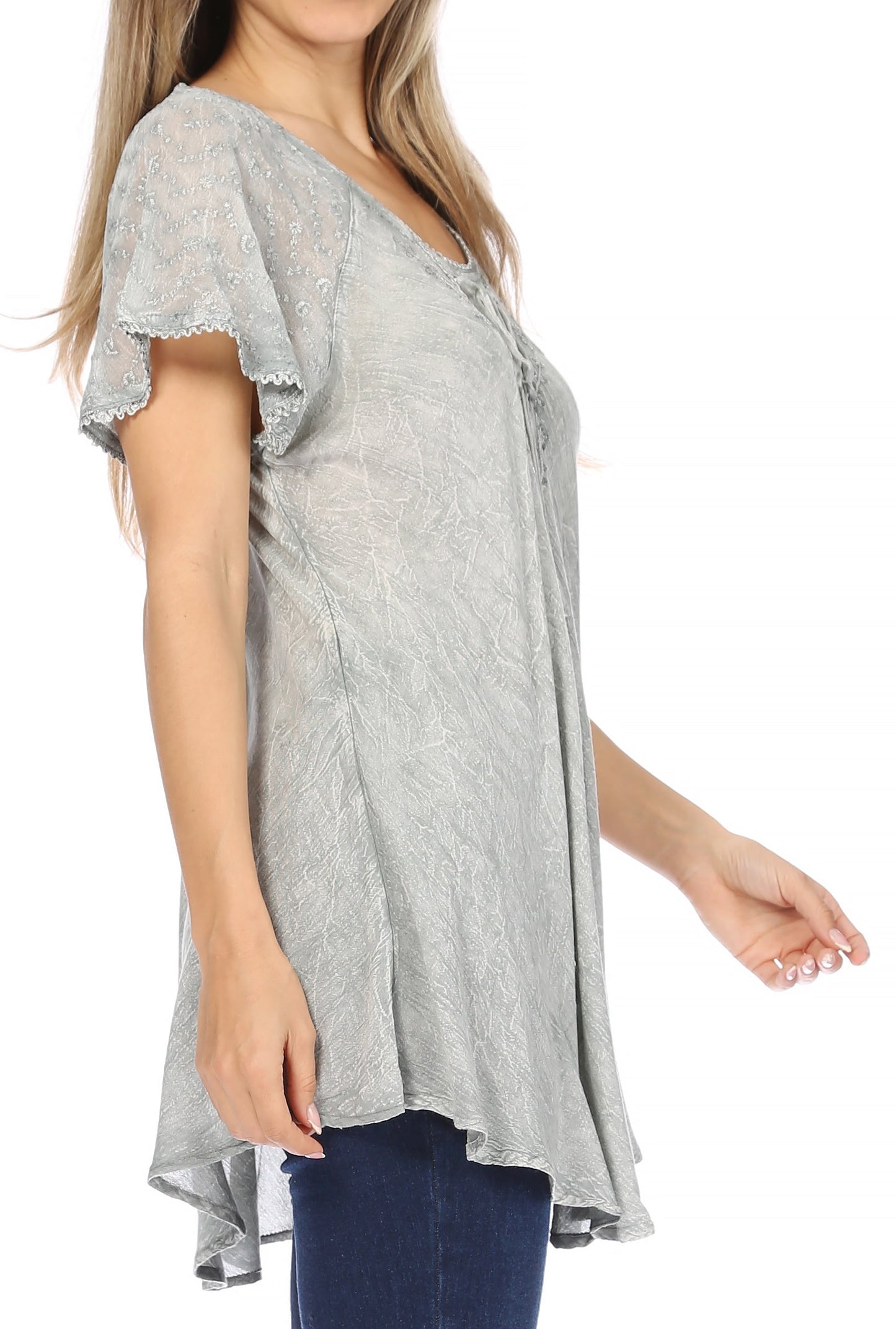 Sakkas Ellie Sequin Embroidered Cap Sleeve Scoop Neck Relaxed Fit Blouse - Concordia Style Boutique