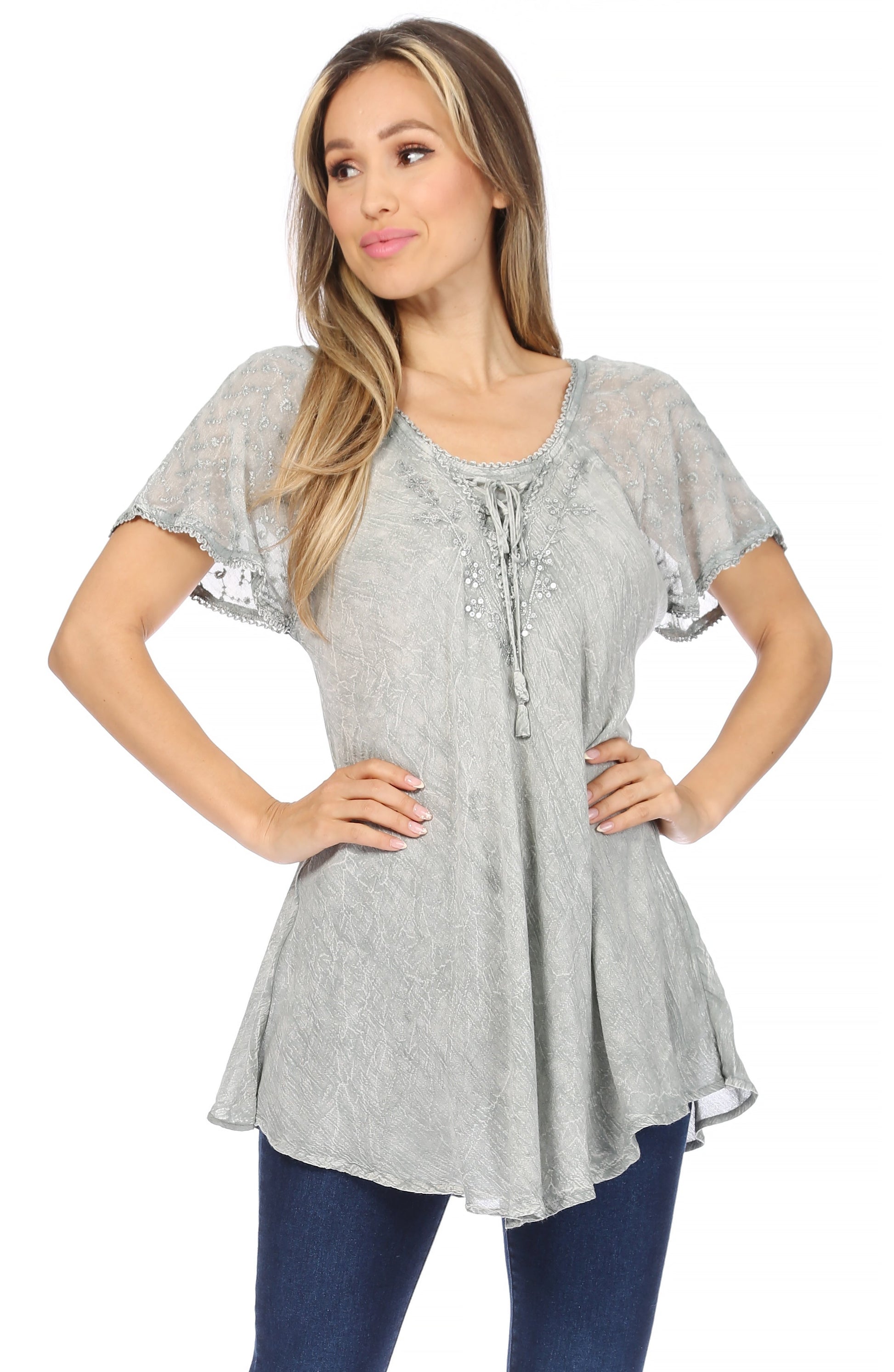 Sakkas Ellie Sequin Embroidered Cap Sleeve Scoop Neck Relaxed Fit Blouse - Concordia Style Boutique