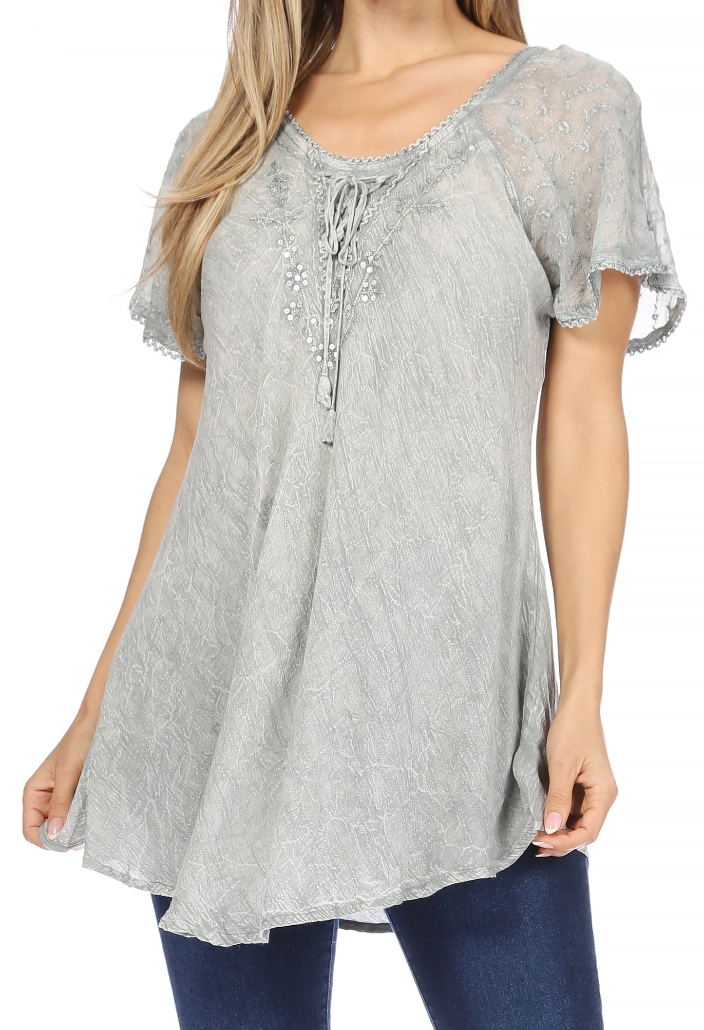 Sakkas Ellie Sequin Embroidered Cap Sleeve Scoop Neck Relaxed Fit Blouse - Concordia Style Boutique