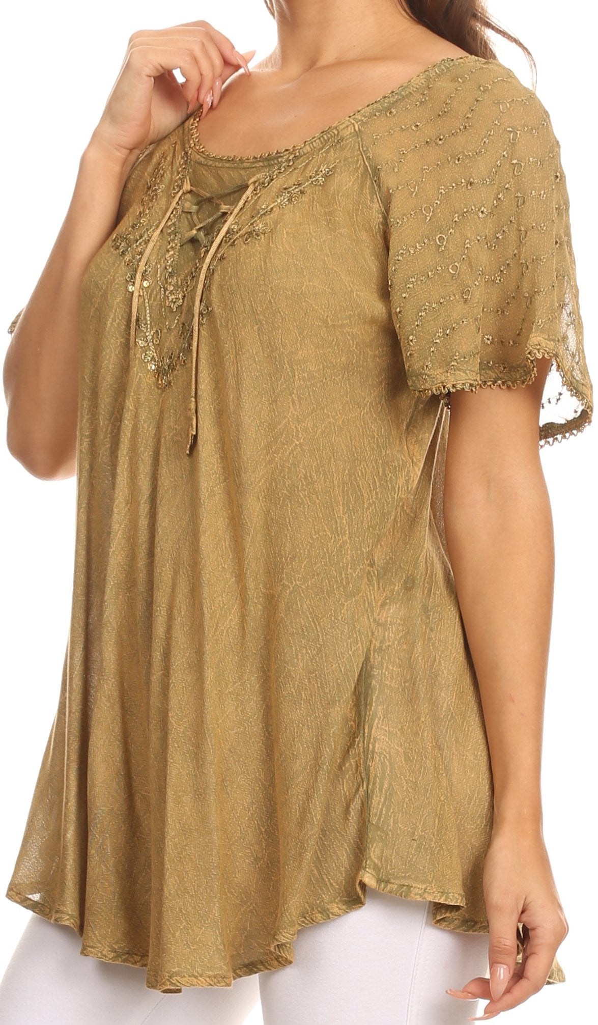 Sakkas Ellie Sequin Embroidered Cap Sleeve Scoop Neck Relaxed Fit Blouse - Concordia Style Boutique
