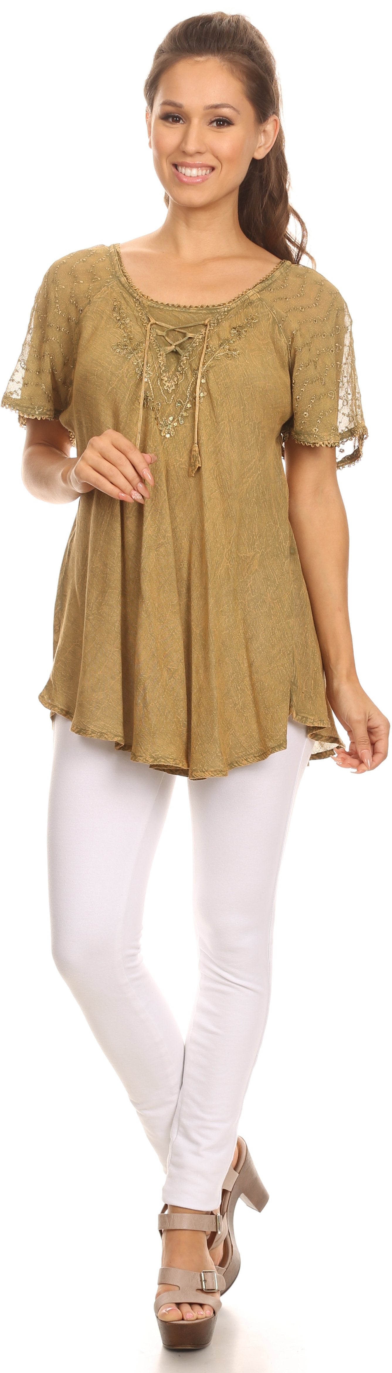 Sakkas Ellie Sequin Embroidered Cap Sleeve Scoop Neck Relaxed Fit Blouse - Concordia Style Boutique