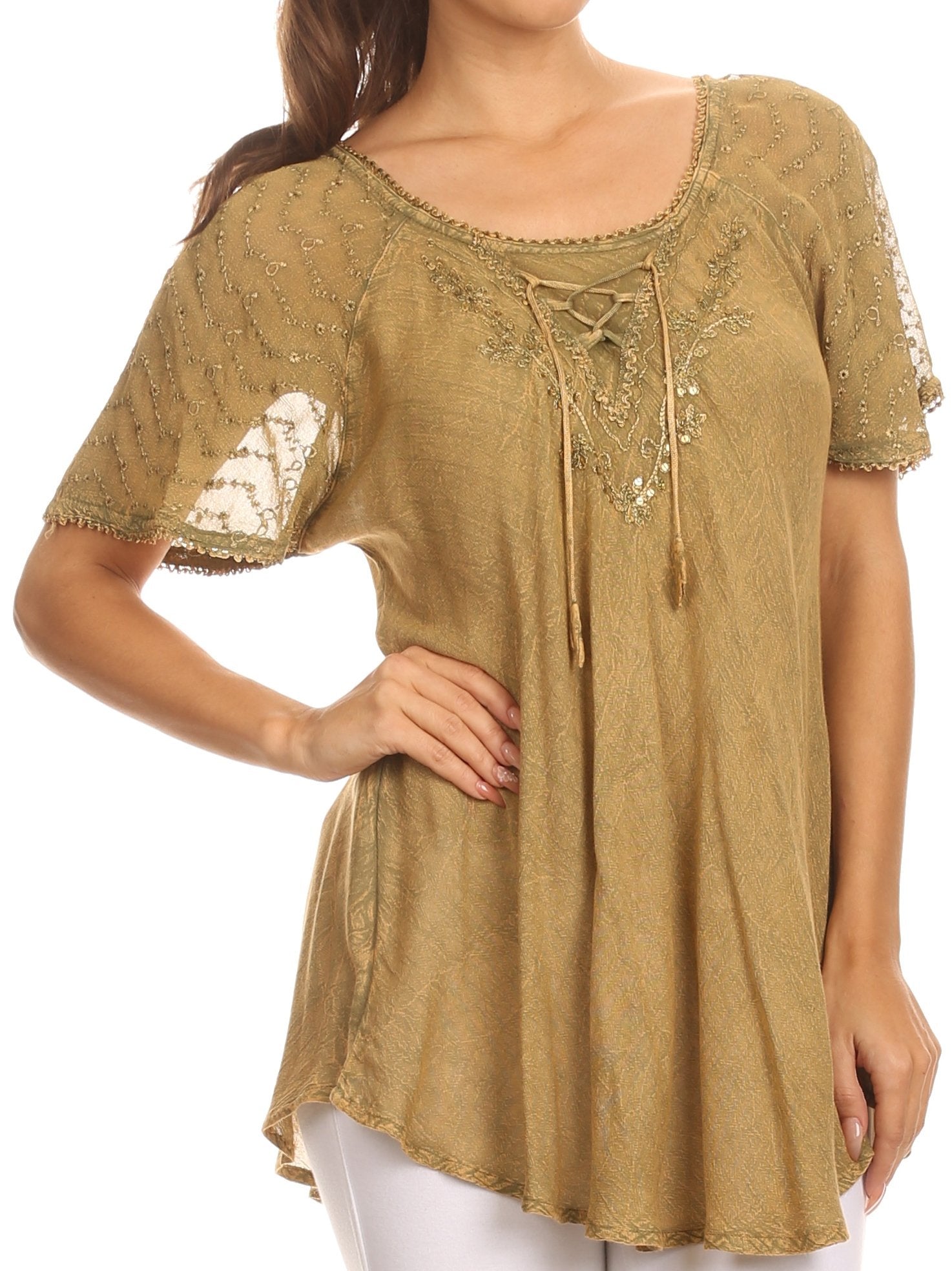 Sakkas Ellie Sequin Embroidered Cap Sleeve Scoop Neck Relaxed Fit Blouse - Concordia Style Boutique
