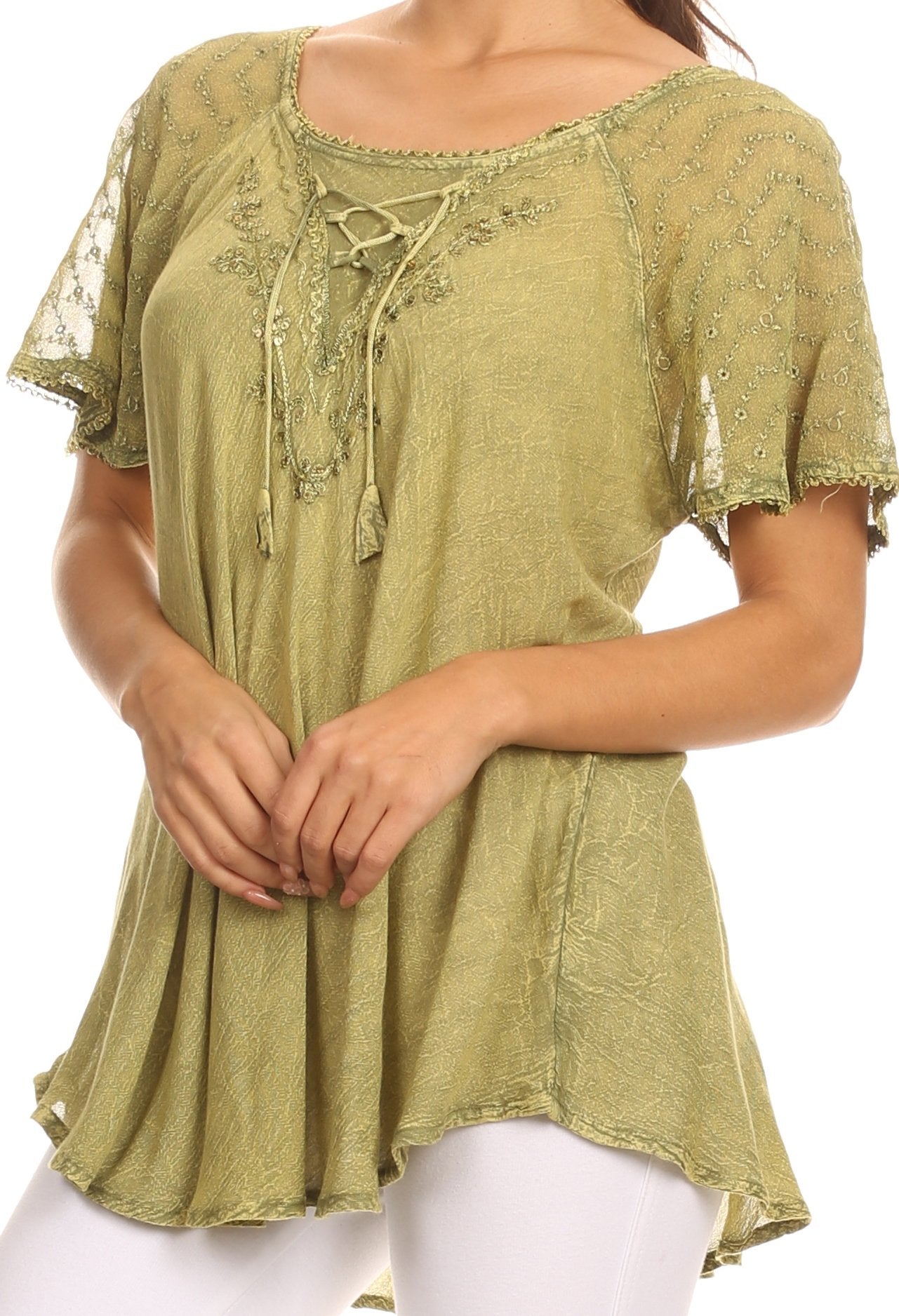 Sakkas Ellie Sequin Embroidered Cap Sleeve Scoop Neck Relaxed Fit Blouse - Concordia Style Boutique