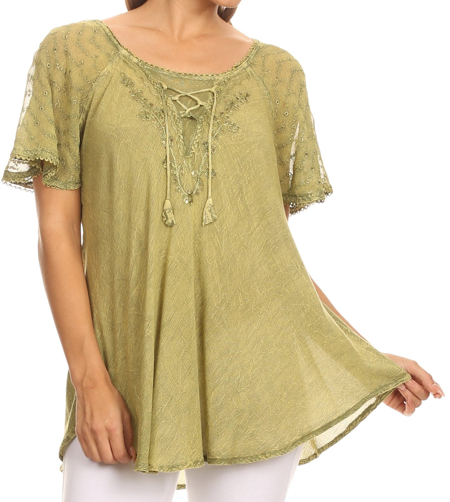Sakkas Ellie Sequin Embroidered Cap Sleeve Scoop Neck Relaxed Fit Blouse - Concordia Style Boutique