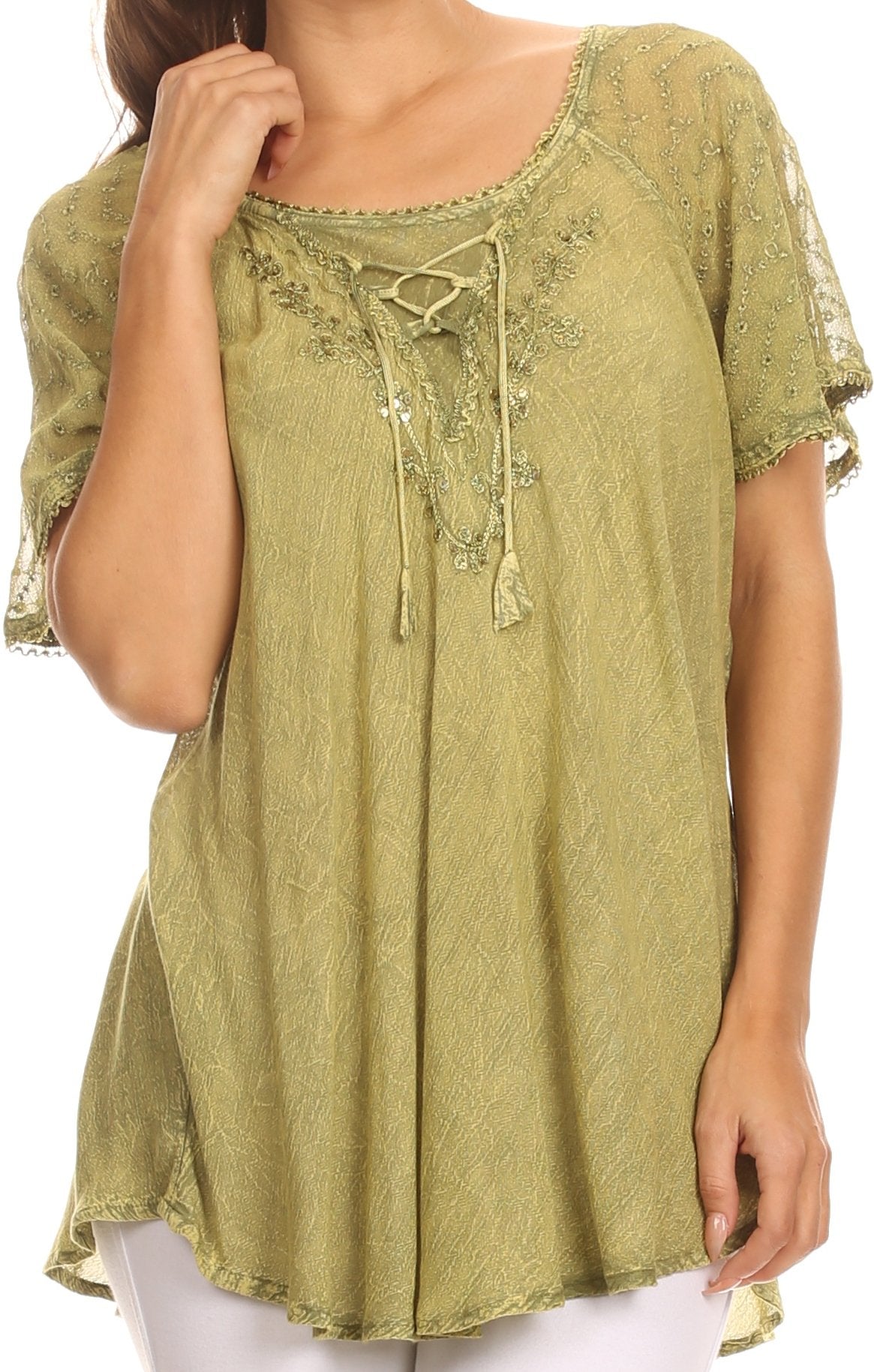 Sakkas Ellie Sequin Embroidered Cap Sleeve Scoop Neck Relaxed Fit Blouse - Concordia Style Boutique