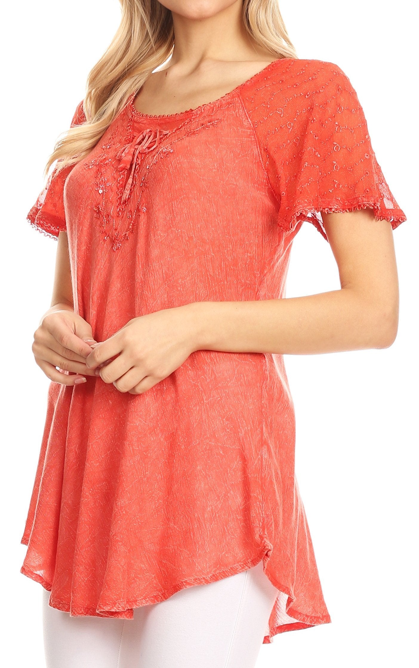 Sakkas Ellie Sequin Embroidered Cap Sleeve Scoop Neck Relaxed Fit Blouse - Concordia Style Boutique