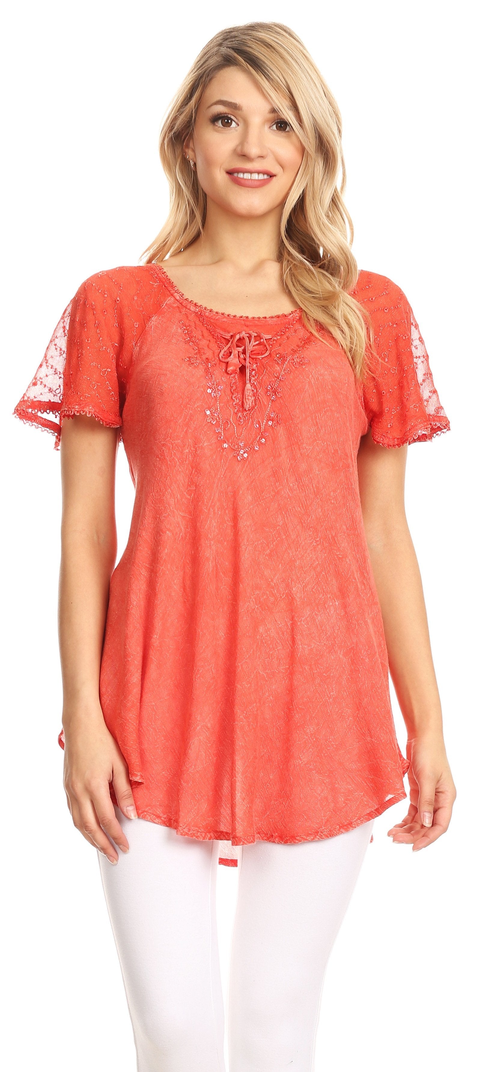 Sakkas Ellie Sequin Embroidered Cap Sleeve Scoop Neck Relaxed Fit Blouse - Concordia Style Boutique