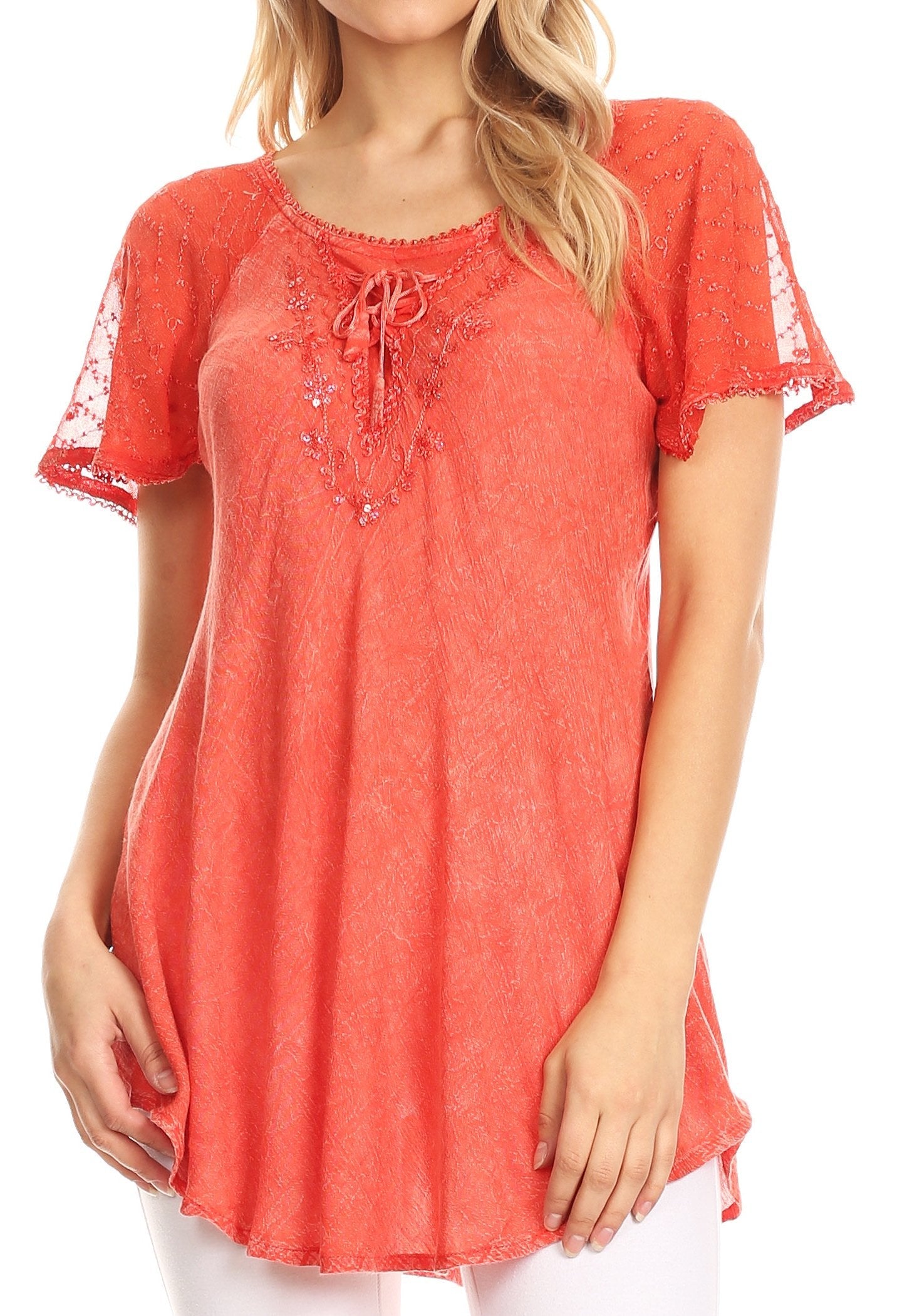 Sakkas Ellie Sequin Embroidered Cap Sleeve Scoop Neck Relaxed Fit Blouse - Concordia Style Boutique